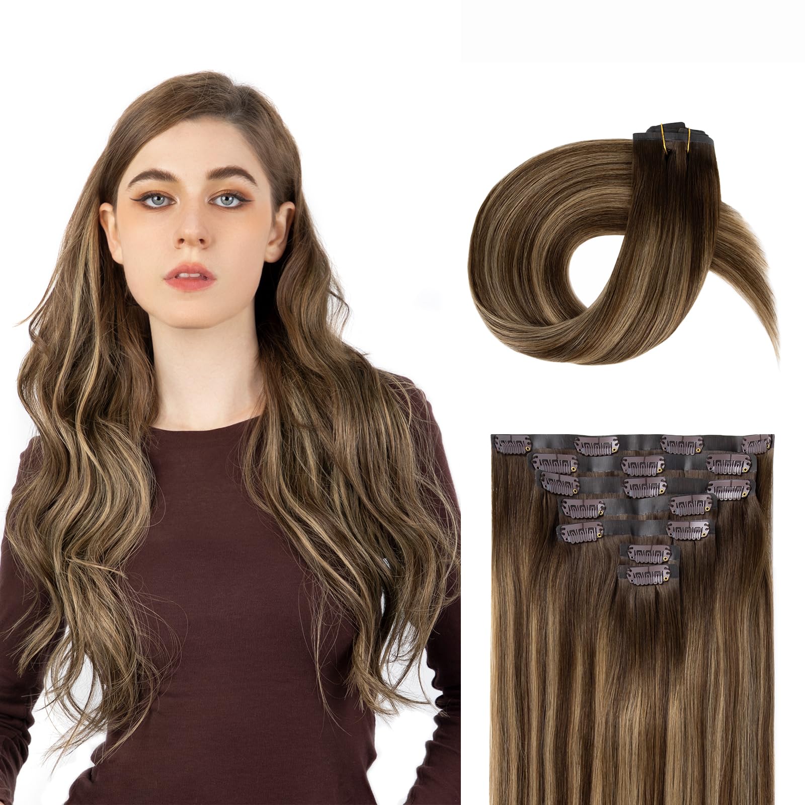 SOBEAUTY Clip in Hair Extensions, 100% Real Human Hair Remy Natural Volume Hair Extensions