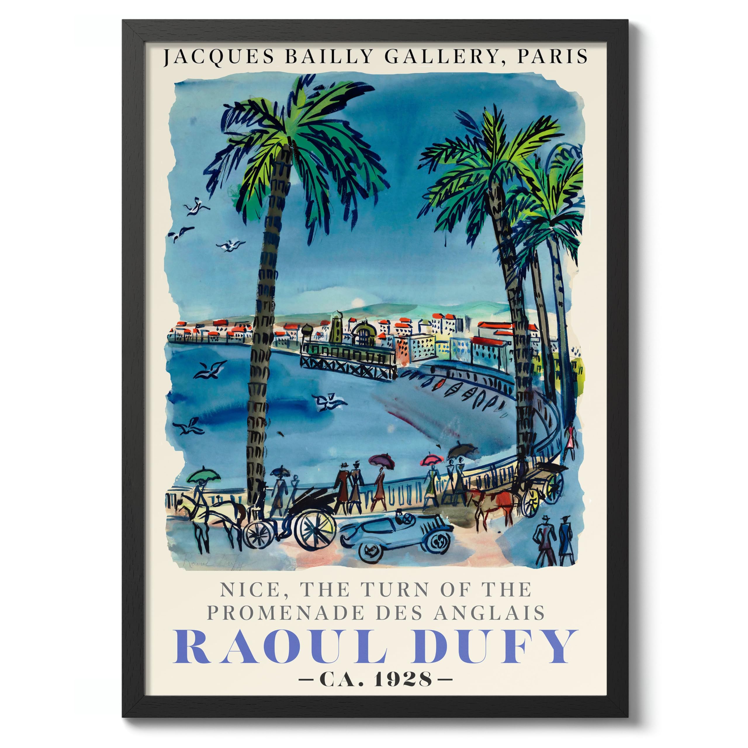 Nice, France Raoul Dufy Art Print, Vintage Art Painting Poster, Impressionism Art Exhibition Modern Wall Art, Minimalist Home Decor Picture Artwork, A4 (Black Frame) - 32.7x24.1cm