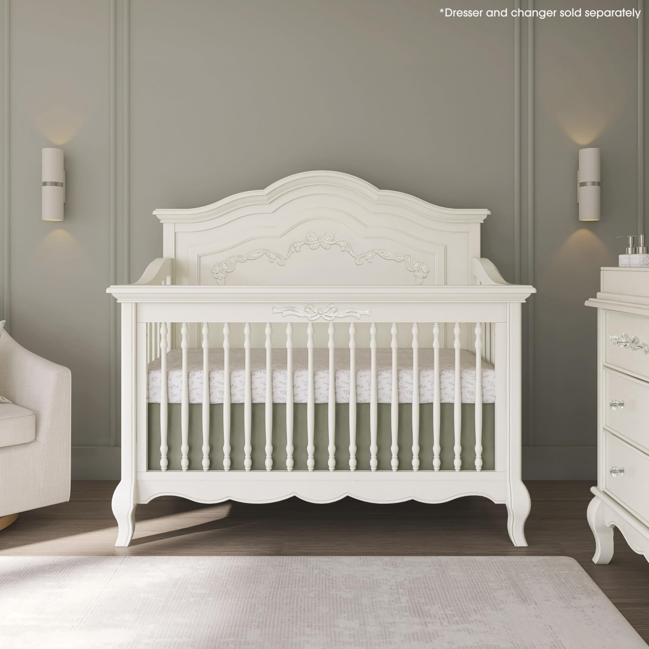 Evolur Aurora 5-in-1 Convertible Full-Size Baby Crib in Ivory Lace, 3 Mattress HeightsRibbon Bow Scrollwork & Queen Anne Feet, Converts to Toddler, Day & Full-Size Bed Product Image 4