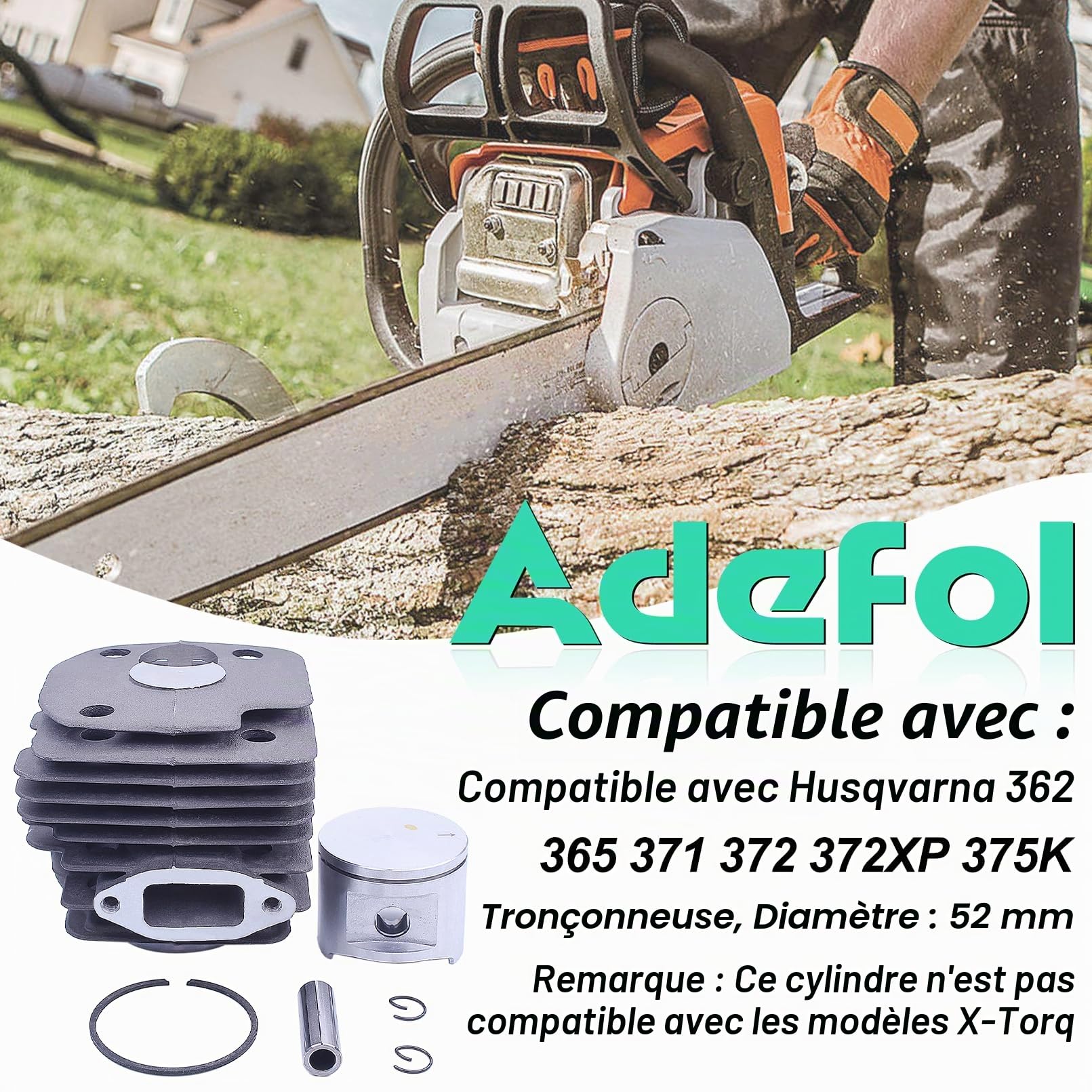 Adefol 52 mm Cylindre Piston Kit pour Husqvarna 372XP 371 365 362 375K Tronçonneuse Pièces Détachées Gros Alésage Kit de Remplacement de Piston Remplacer les Pièces 503 93 93 72