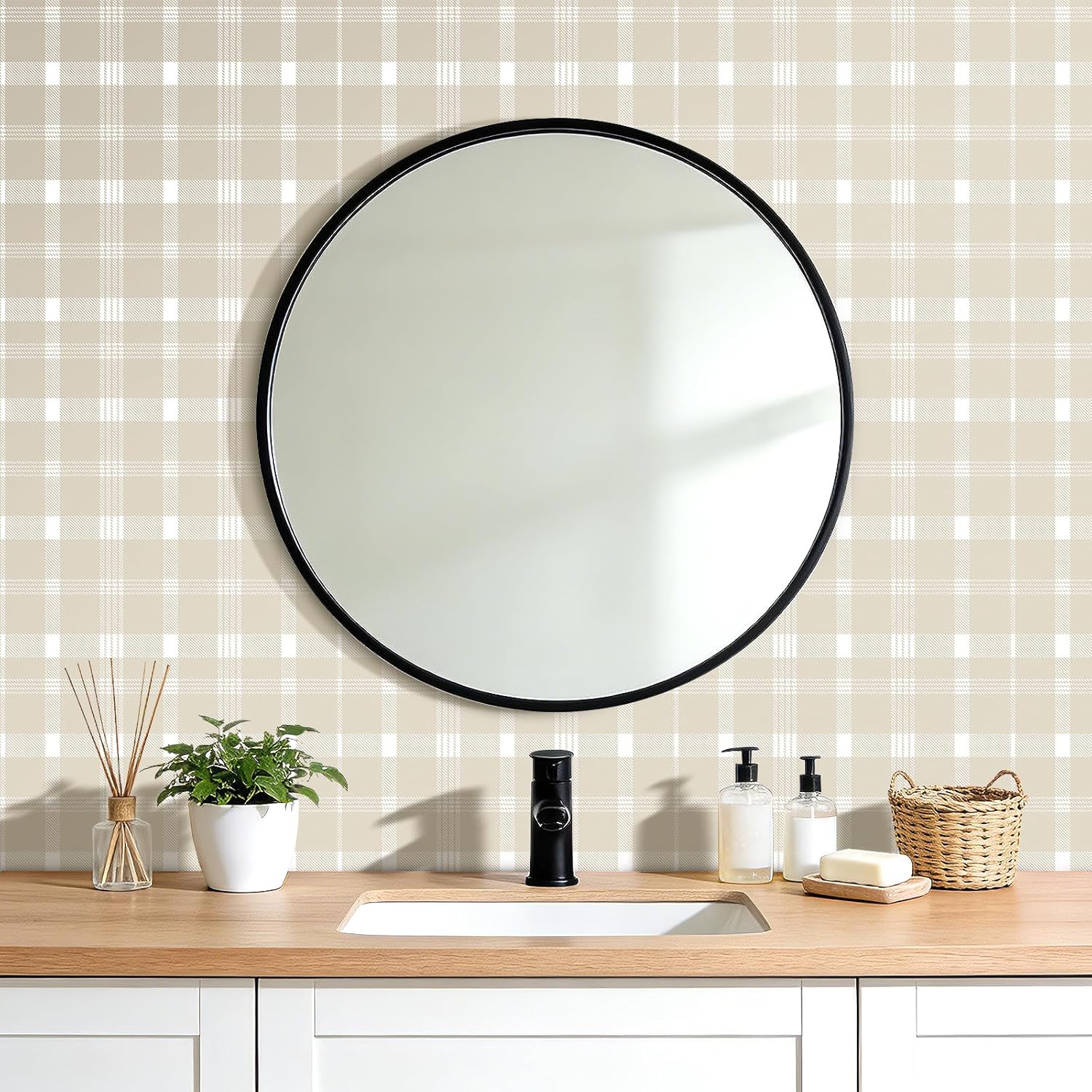 Stickyart 17.5"x276" Vintage Tartan Plaid Wallpaper Peel and Stick Neutral Country Plaid Wallpaper Self Adhesive Beige White Tartan Contact Paper Checkered for Bedroom Living Room Accent Wall