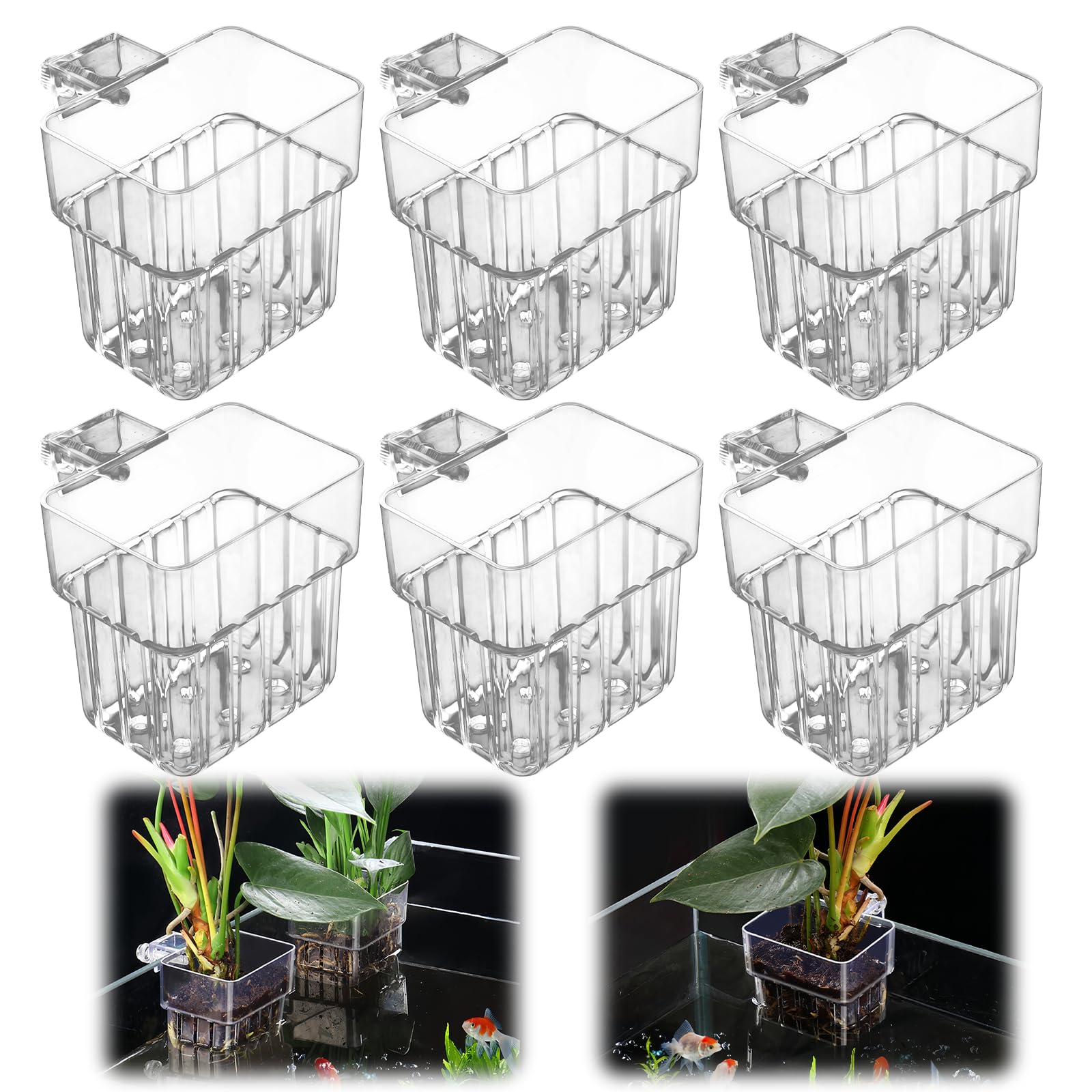 GOMETY Lot de 6 supports de plantes d'aquarium transparents pour aquarium, paniers à plantes suspendus, avec trous, support pour plantes aquatiques, décoration d'aquarium
