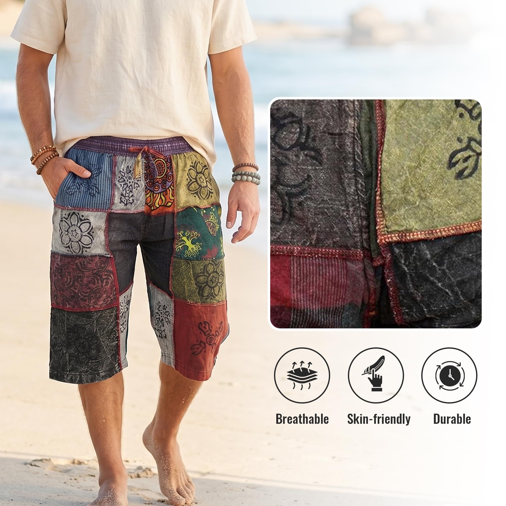 Ezhippie Pantalones cortos hippie unisex de algodón con cordón elástico en la cintura para festivales de verano