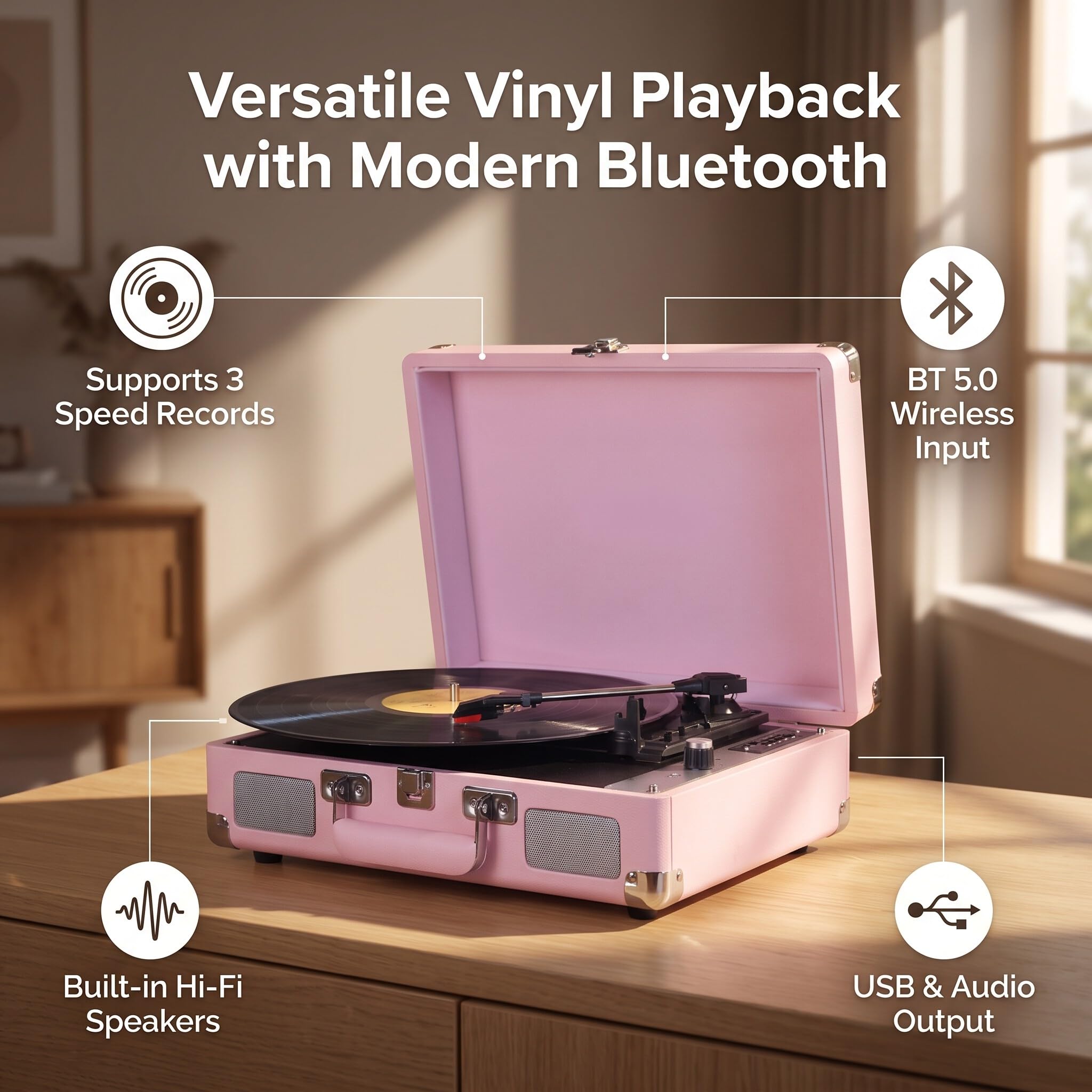 Fafeicy Giradischi Vinili Vintage Con Registrazione USB Giradischi 33 45 E 78 Giri per Fonografo Portatile 7 10 E 12 Pollici Altoparlanti Integrati Ingresso 3,5 Mm (Rosa)
