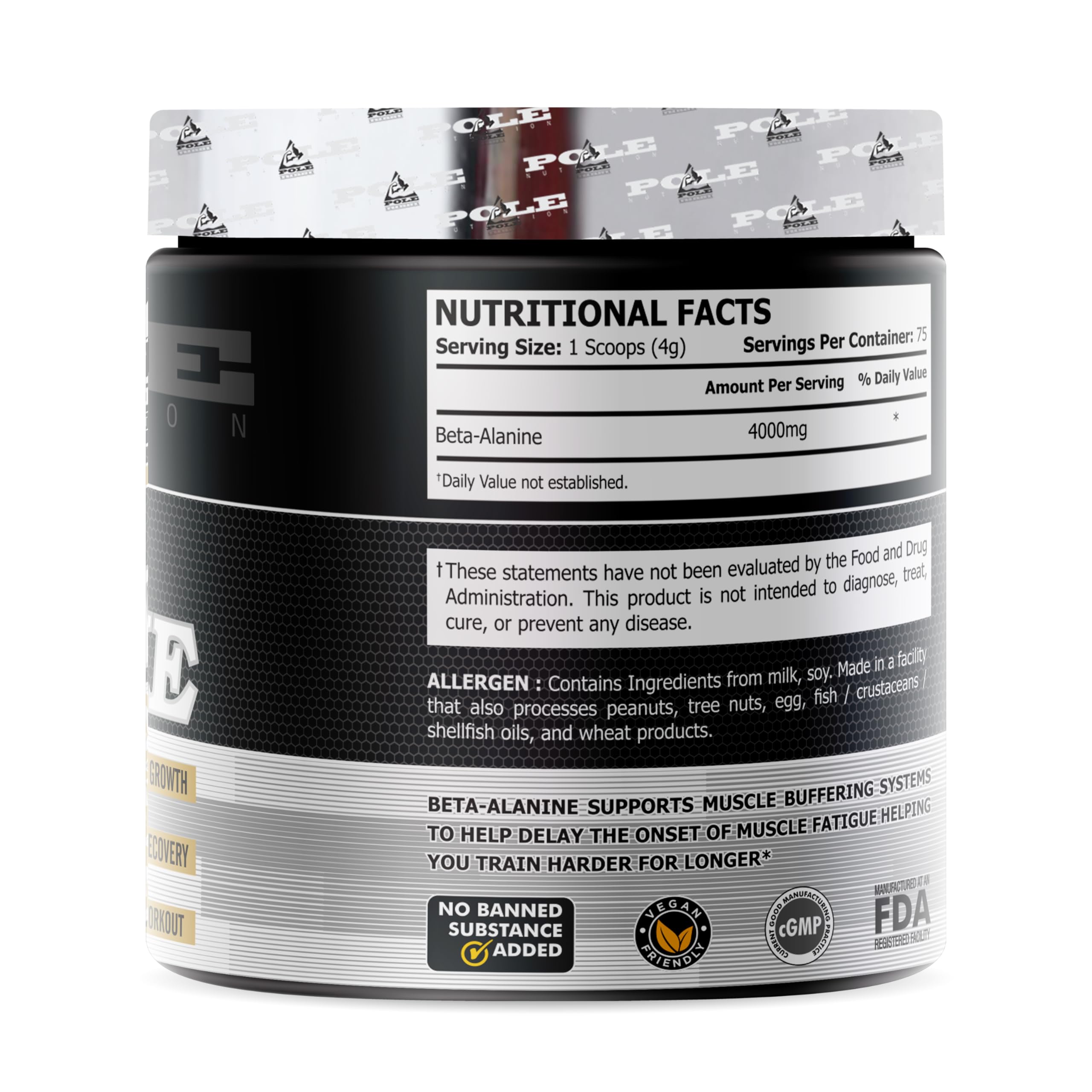Pole Nutrition Beta-Alanine - Muscle Growth & Recovery Pre-Workout Powder for Men & Women, Unflavored, 300g - Boost Your Training Performance