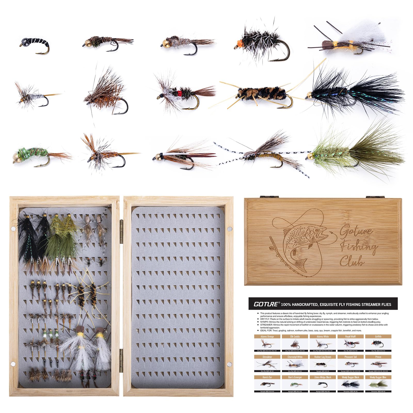 Goture Fly Fishing Flies Assortment Kit with Wooden Fly Box