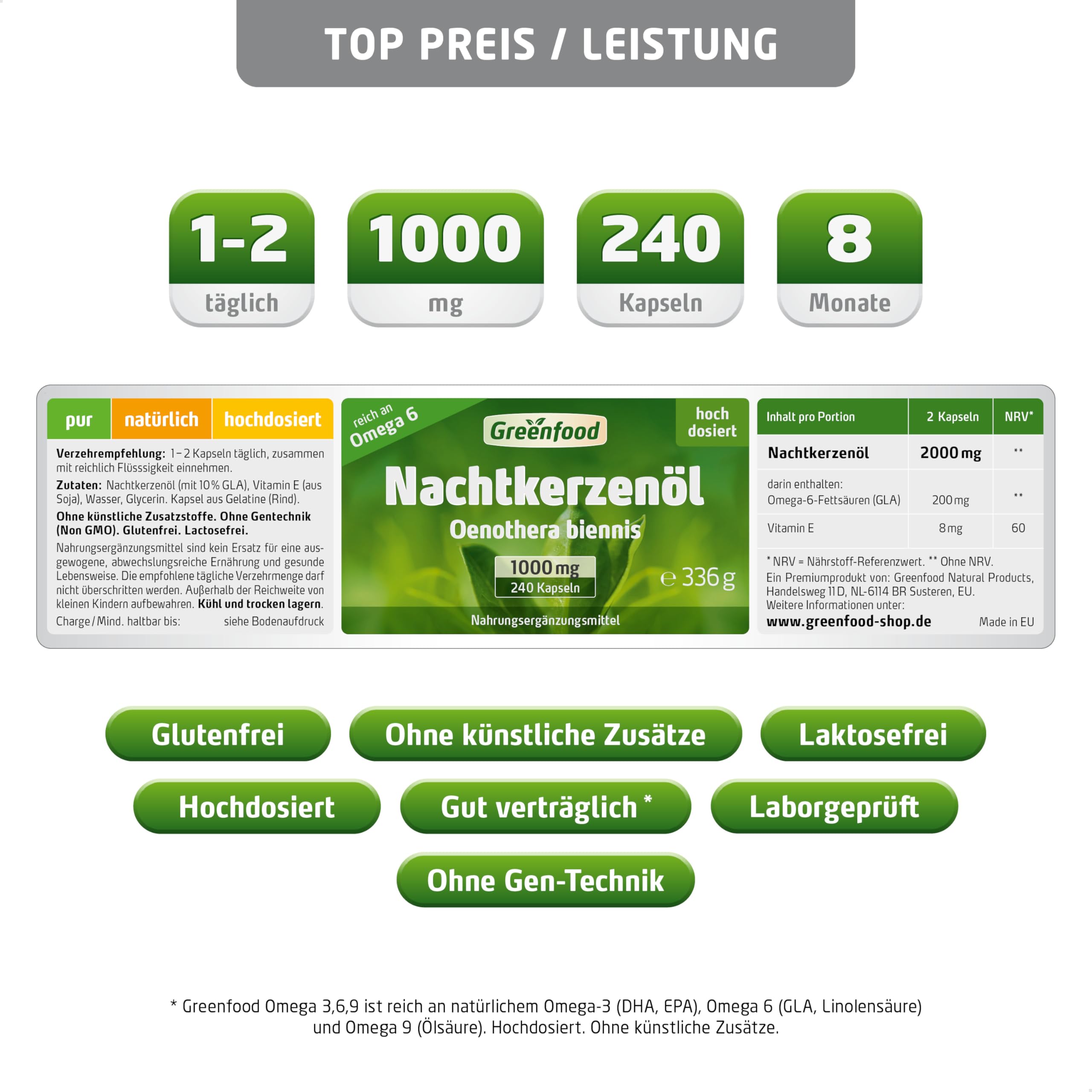 Nachtkerzenöl Kapseln, hochdosiert, 1000mg - 240 Softgels. Reich an Omega-6 (GLA) und natürlichem Vitamin E (Zellschutz). OHNE künstliche Zusätze - laborgeprüft. Von Greenfood.