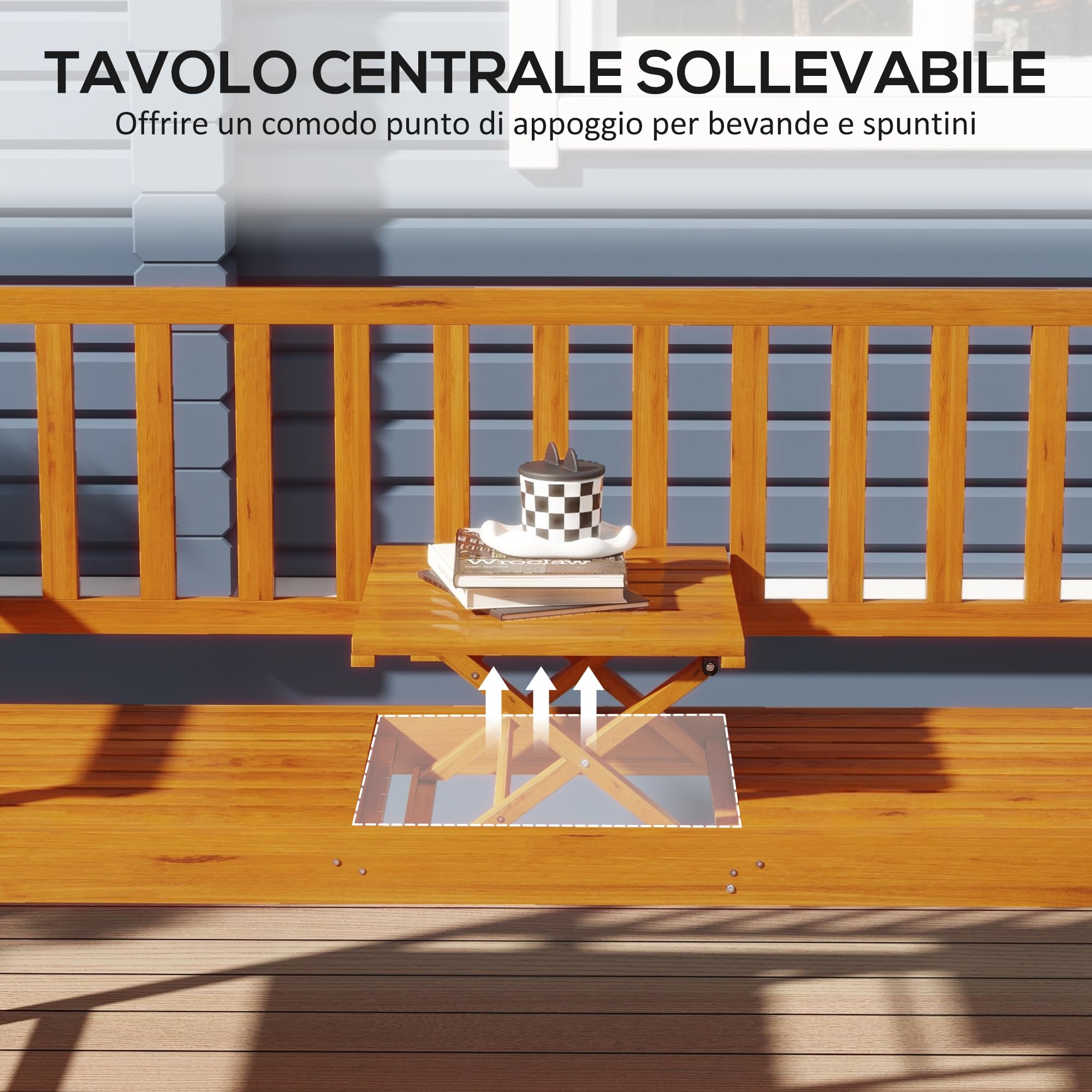 Outsunny Panchina da Giardino a 2-3 Posti in Legno di Pino, Panchina da Esterno con Tavolino Sollevabile e Braccioli, per Balcone Esterno e Patio, 153x56x91 cm, Marrone Chiaro