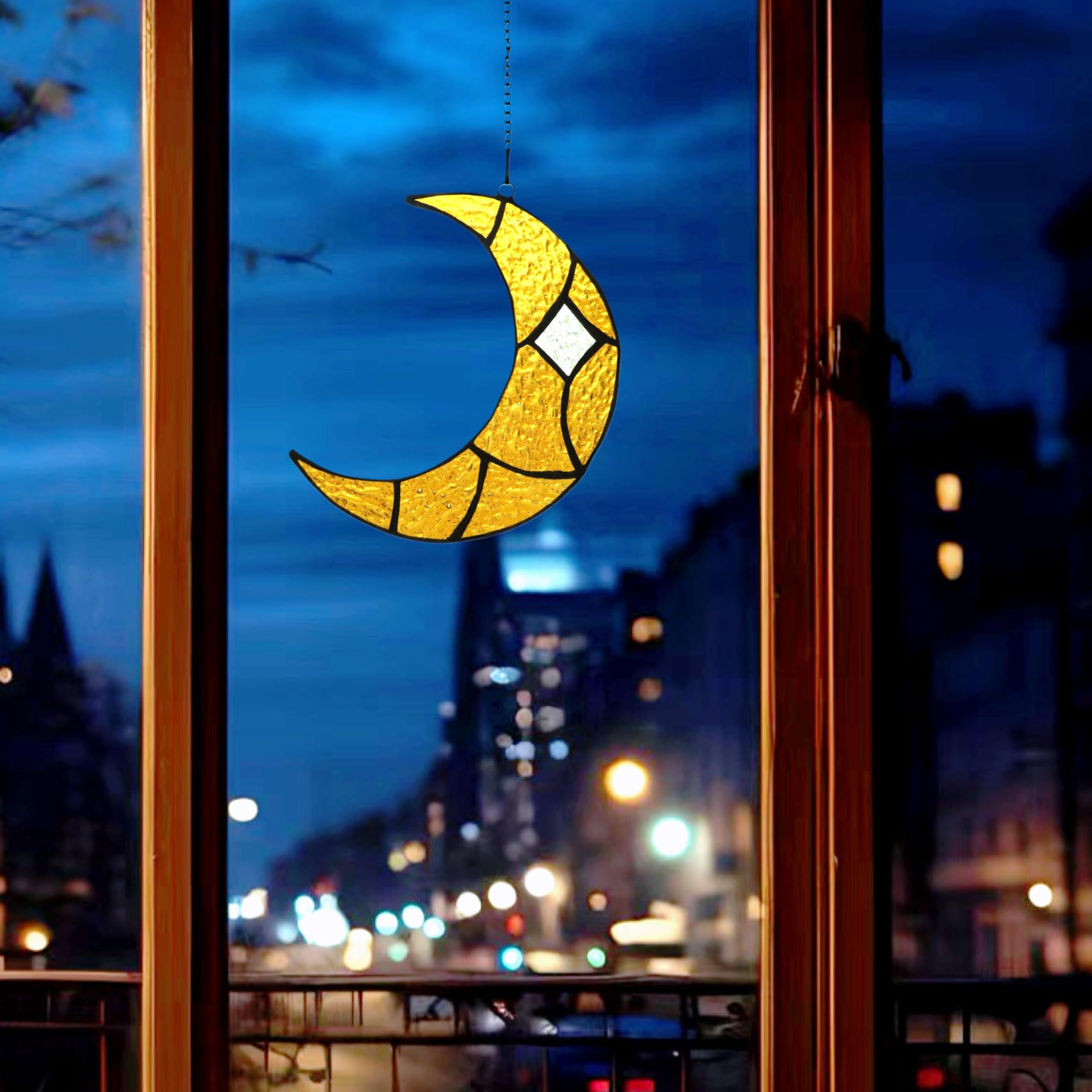 Moon Buntglas-Sonnenfänger – Handgefertigte Halbmond-Dekoration Für Fenster (Gelb)