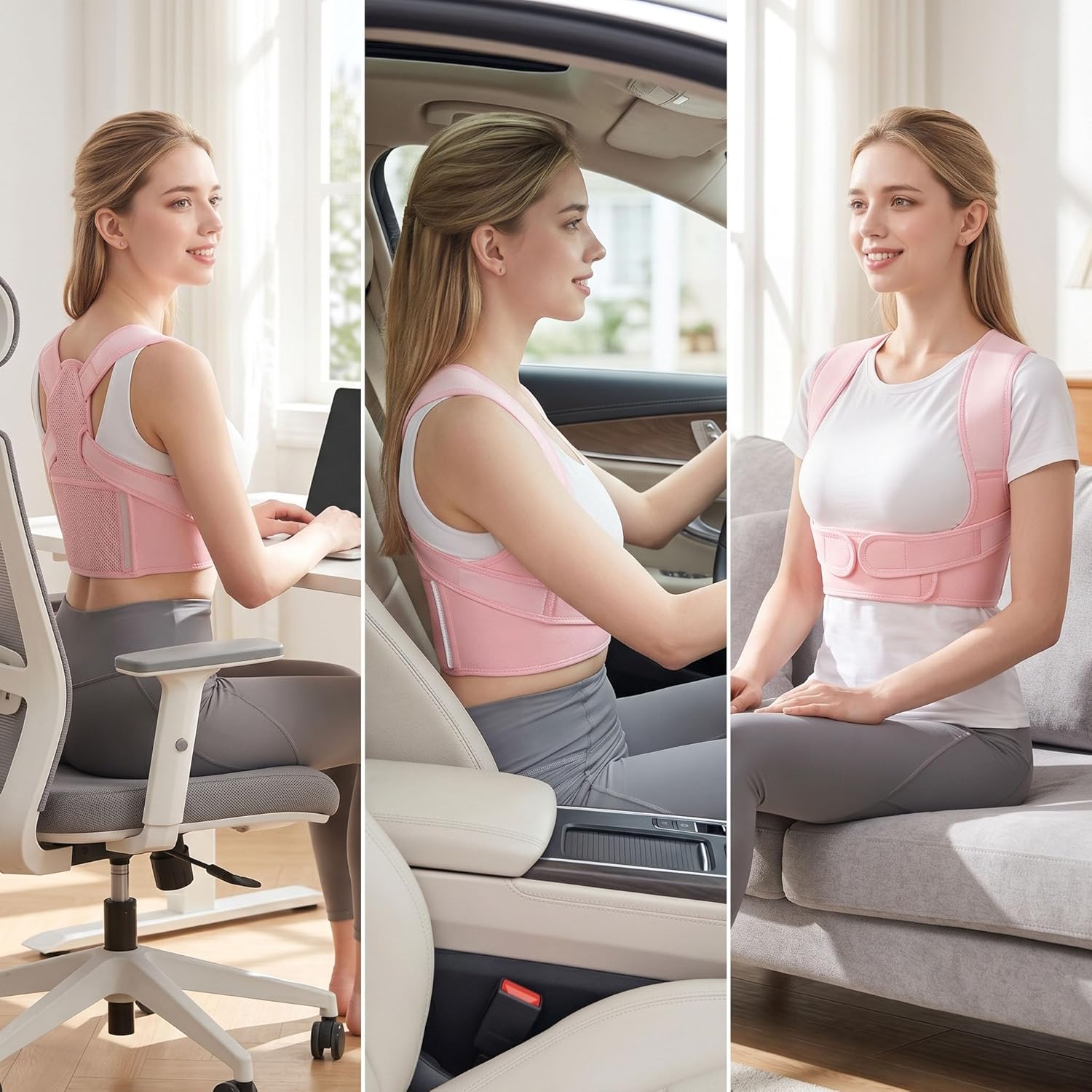 Posture Corrector for Women, Adjustable Upper Back Brace for Neck Shoulder Support, Comfortable Back Straightener for Hunchback & Slouching, Invisible Under Clothes(Pink,Medium)