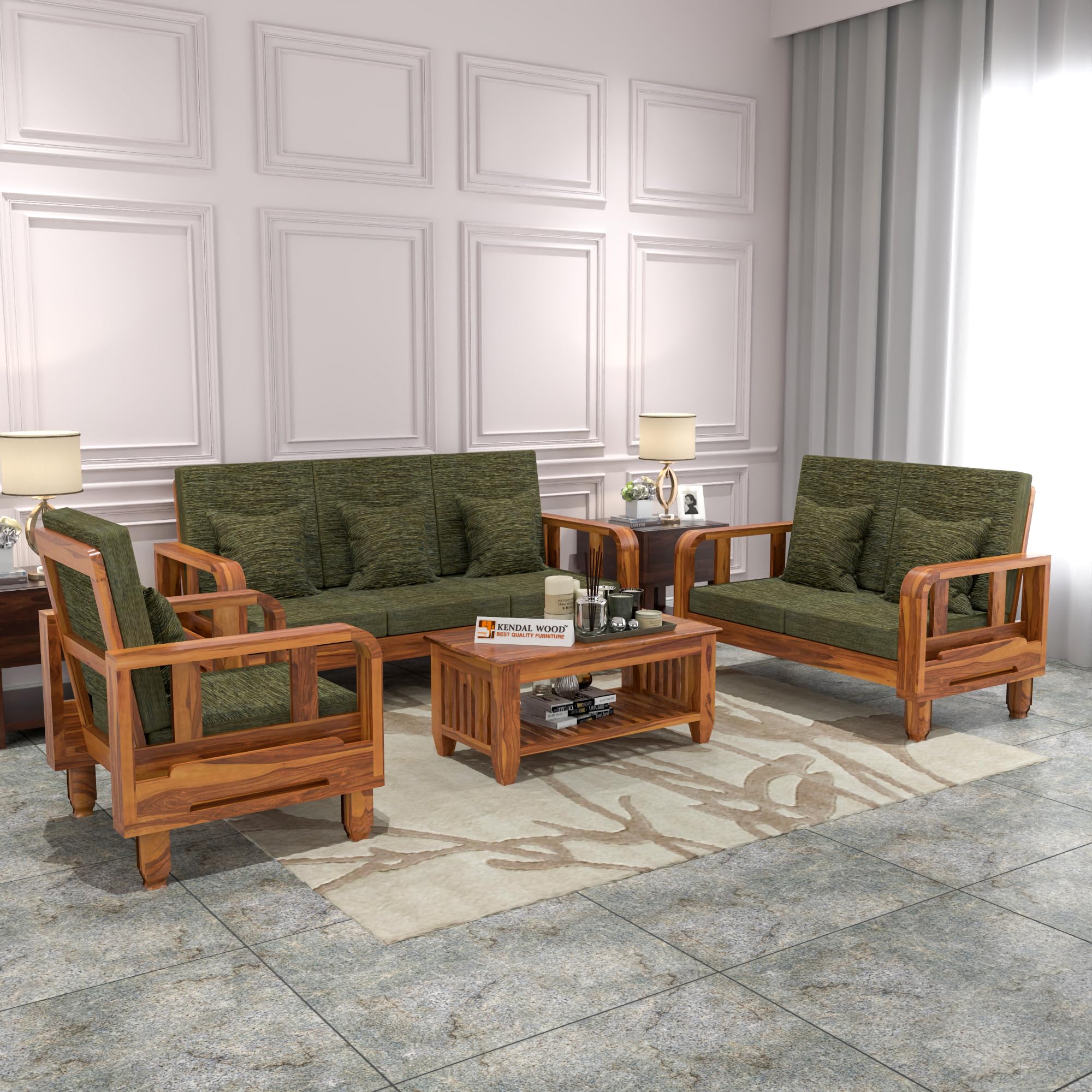 KENDALWOOD Furniture Solid Wood 6 Seater Wooden Sofa Set for Living Room Furniture 6 Seater 3+2+1 Sofa Set with Center Table (Honey Finish with Mehndi Cushions) - DIY(Do-It-Yourself)
