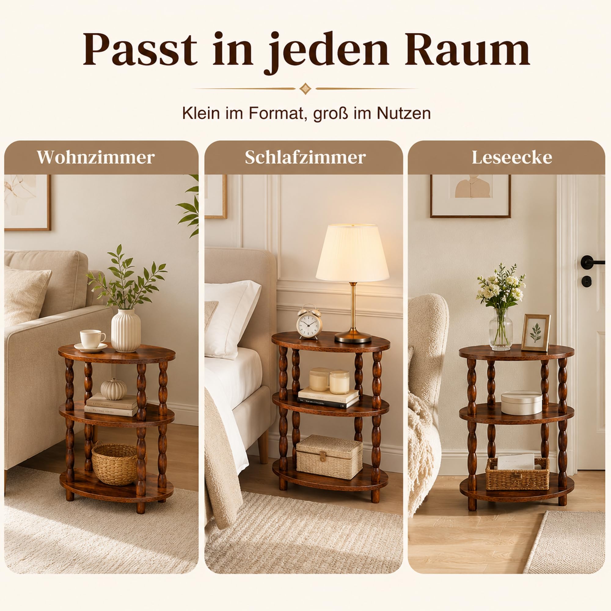Beistelltisch 3 Ebenen, Oval, Klein, Vintage, Rustikales Braun | Nachttisch, Couchtisch mit Massivholzbeinen, Für Wohnzimmer & Schlafzimmer, 30 x 40 x 57 cm