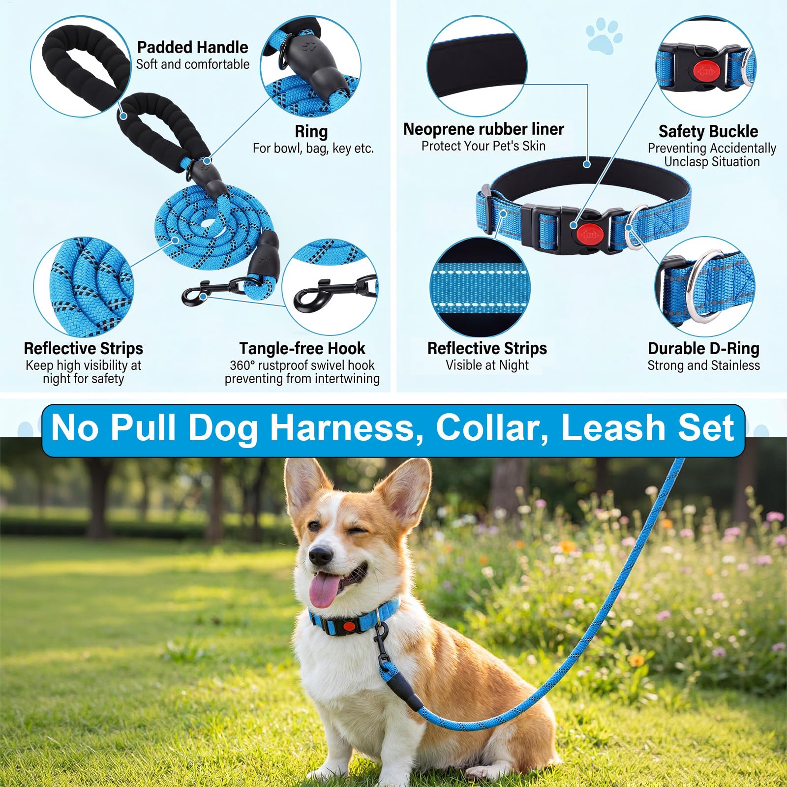 30-teiliges Welpenzubehör-Starter-Set für kleine Hunde, kein Ziehen, Hundegeschirr, Halsband, Leine, Spielzeug, Wasserflasche, Haustierpflegeset, Welpenzubehör als Willkommensgeschenk (Blau