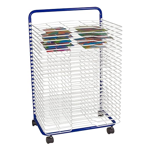 Sprogs 25-Shelf Mobile Art Drying Rack for Classrooms and Art Studios, Heavy-Duty Steel Rolling Art Rack Cart with 25 Shelves, Blue/White