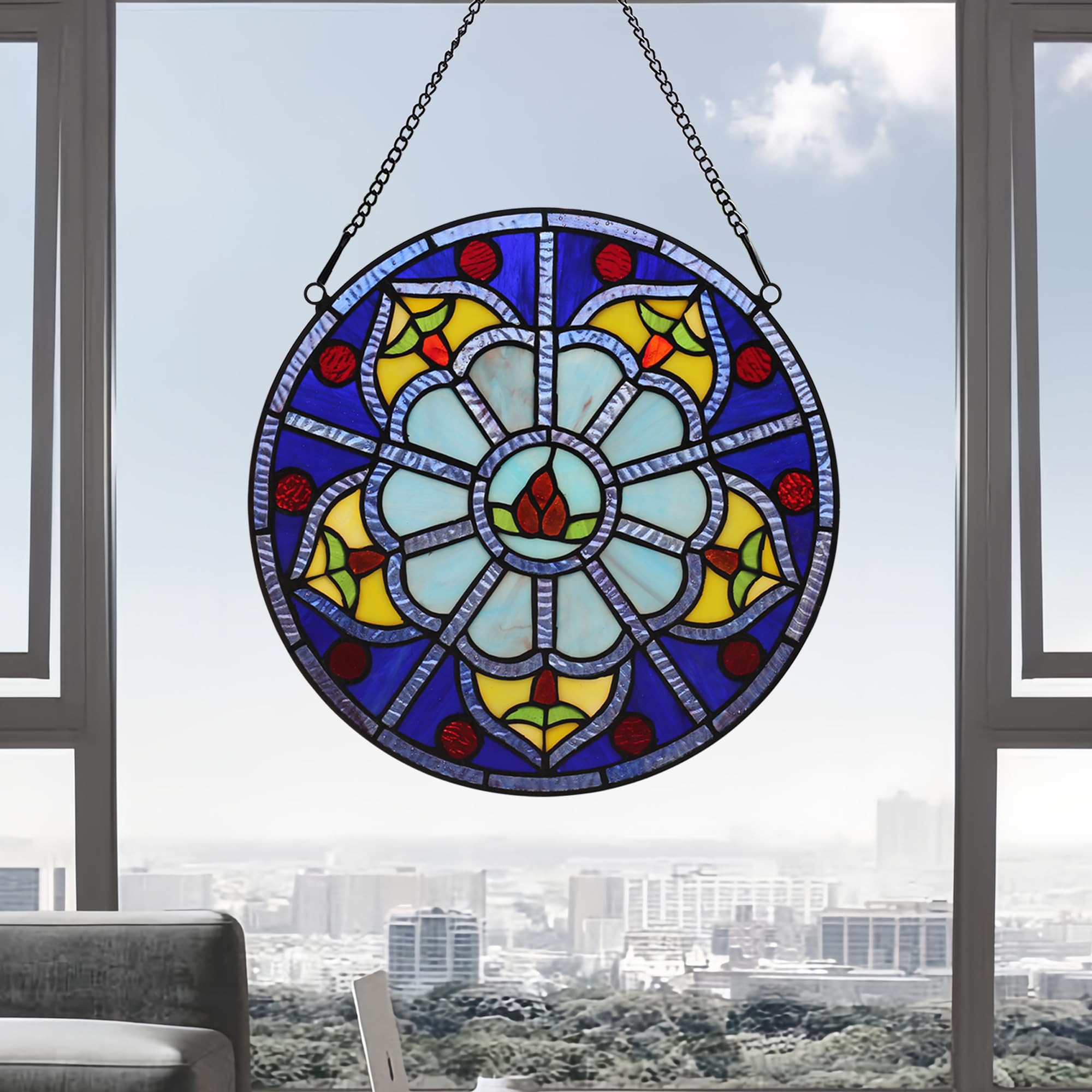 Handgefertigter Sonnenfänger aus Buntglas, zum Aufhängen, Tiffany-Stil, Wanddekoration, Kunsttafel, rund, 30,5 cm Durchmesser, inklusive 50,8 cm Kette und Haken, perfektes Weihnachtsgeschenk