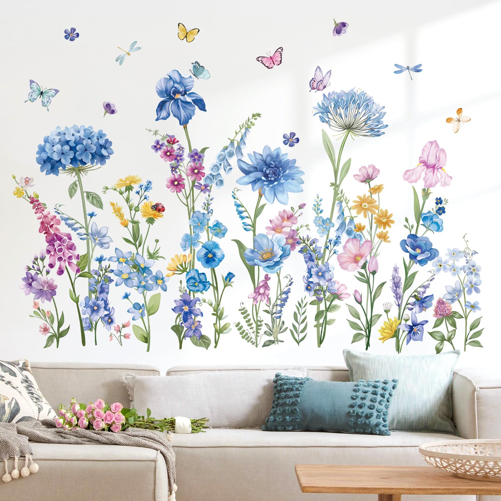 wondever Blue Spring Garden Flower Wall Stickers Wildflower Grass Floral Butterfly Peel and Stick Wall Art Decals for Living Room Bedroom TV Wall - Image 3