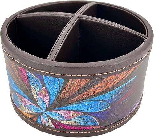 Miniatura 10 de Arniche Soporte redondo de cuero sintético para control remoto de TV, organizador de escritorio giratorio de 360, 4 compartimentos para