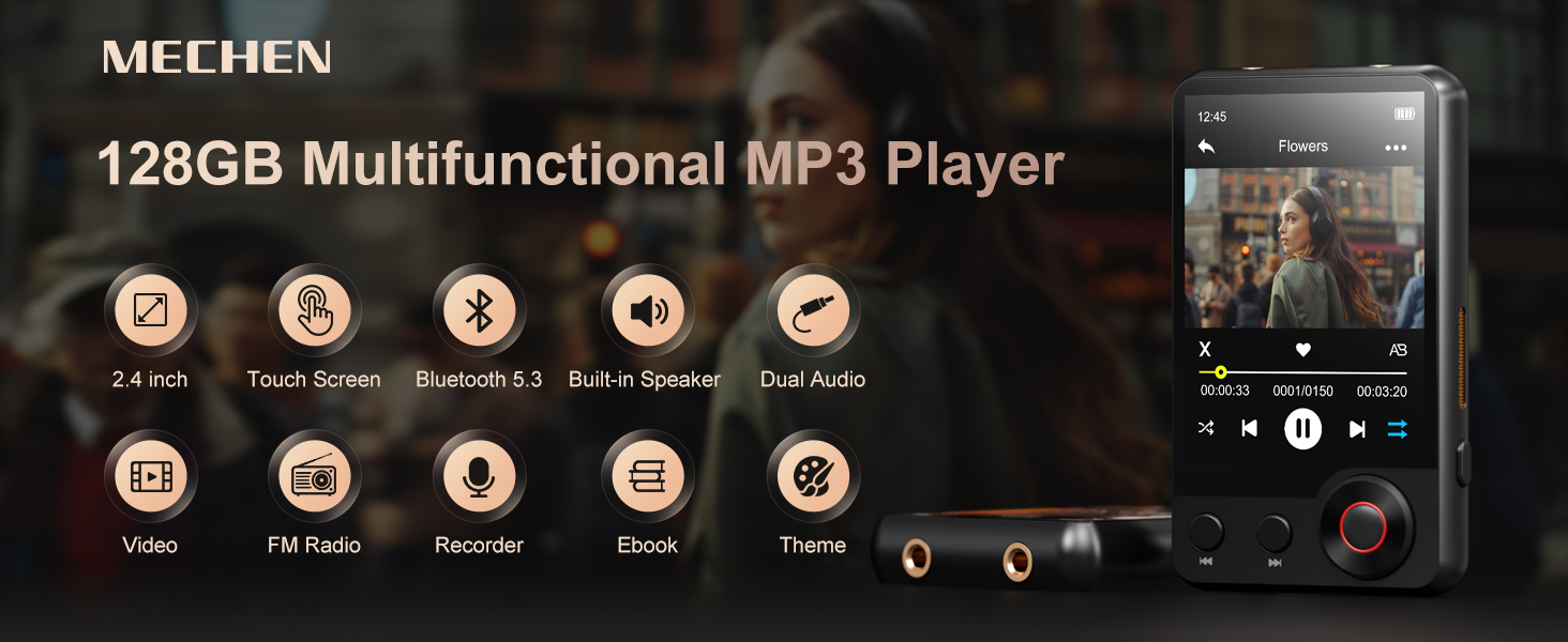 MECHEN 128GB MP3 Player mit Bluetooth 5.3, Dual Audio, 2,4 Zoll Touchscreen, Suchfunktion verfügbar, Scrollrad, Video, FM Radio, Recorder, E-Book