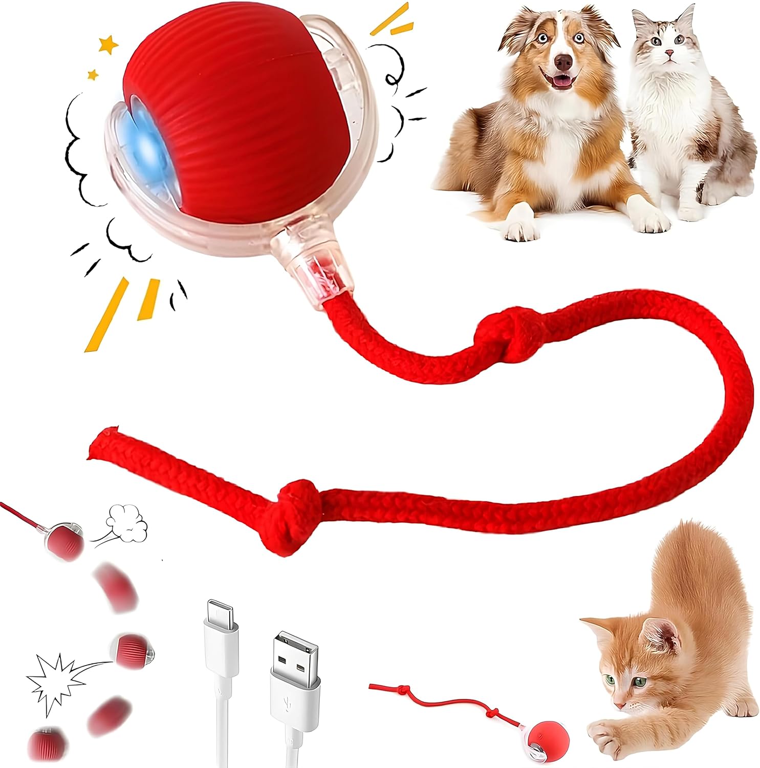 Purrmitive 2025 Durable Interactive Cat Toys for Indoor Cats, Dog Toys Ball, Rolling Pet Ball, Smart Automatic Cat Chase Balls Toy, Interactive Dog Toys Speedy Tail,Kitten & Cat Toys Interactive (Red)