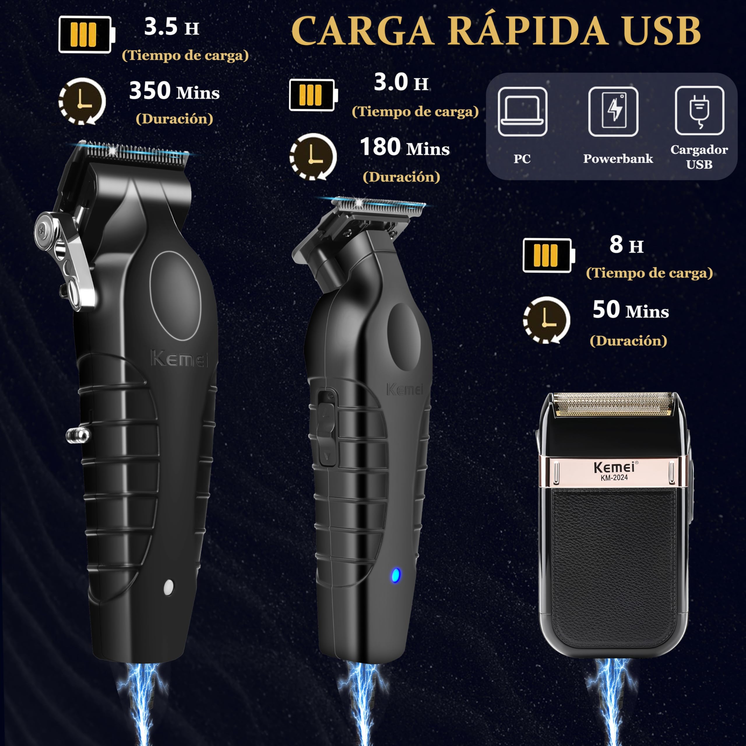 KEMEI Cortapelos profesional, juego de maquinilla de afeitar eléctrica para hombre, cortapelos inalámbrico, kit de corte de pelo con cortapelos USB