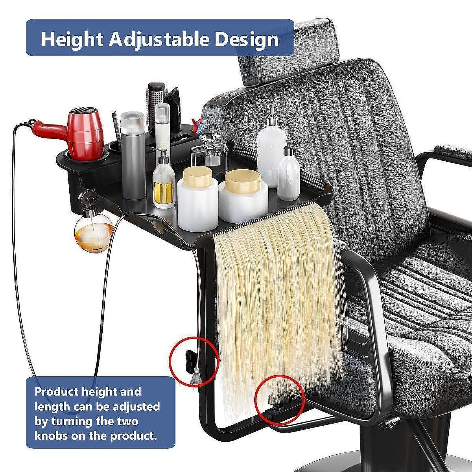 Dynamische Salonausstattung mit drehbarem Ablagefach für effiziente Haarstyling Sitzungen. Das Ablagefach ist speziell für den Einsatz in