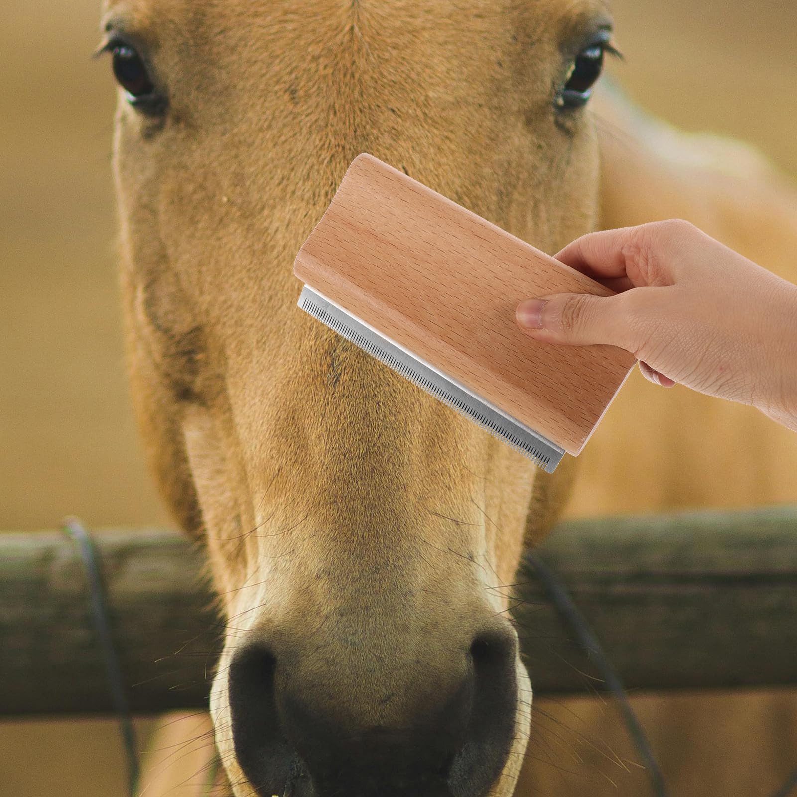 Kisangel Cepillo de Aseo Ergonómico para Mascotas, Raspador de Pelo de Caballo y Perro Mango de Madera y Acero Inoxidable para Limpieza — view 7
