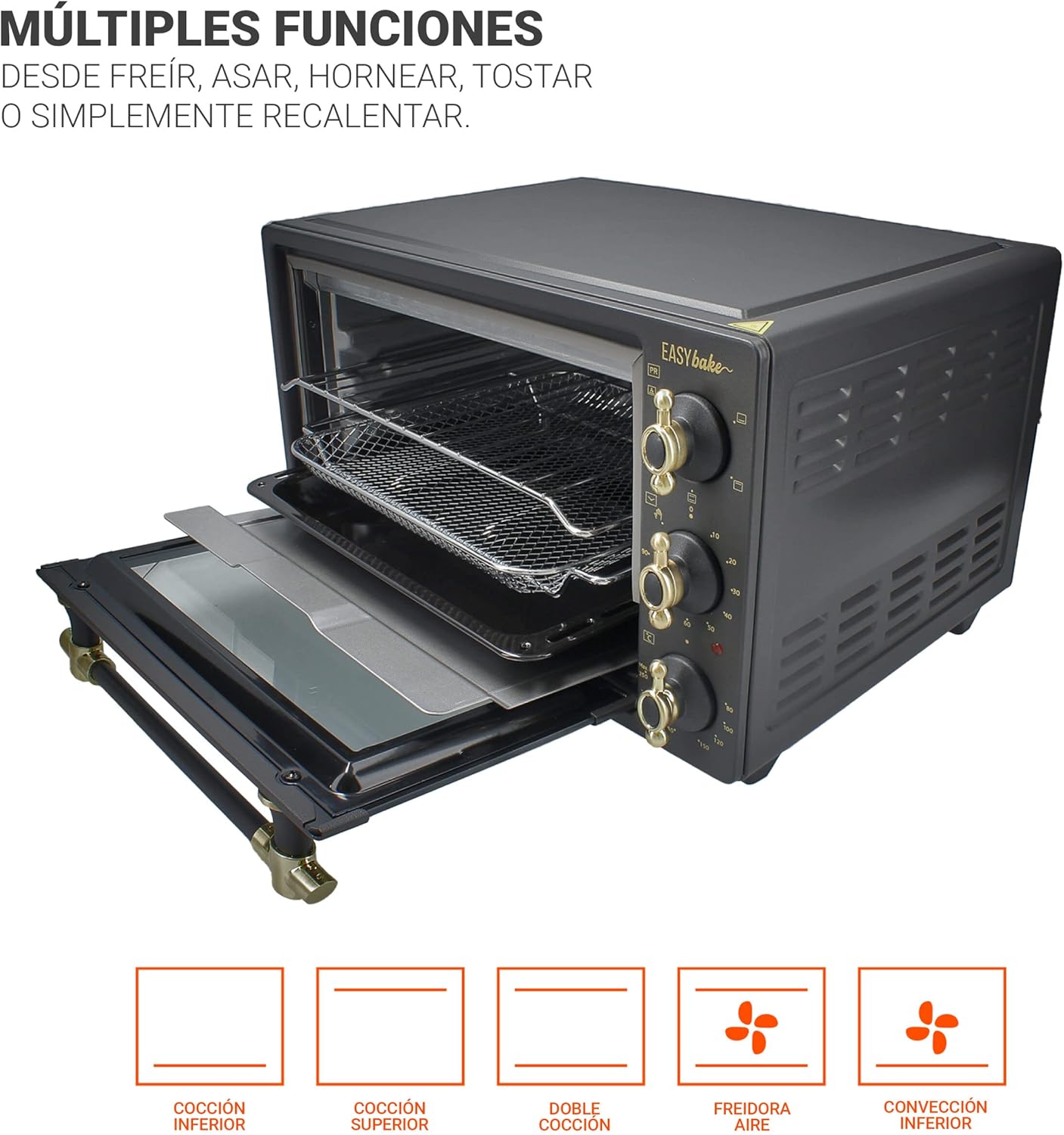 TM Electron EASYBAKE TMPHO020RAN miniforno design retrò con funzione friggitrice senza olio, 20 litri, temperatura regolabile 80°C a 250°C, 5 funzioni, include 4 accessori.