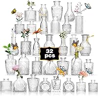 32PCS Vintage Glass Bud Vase Set - Mini Clear Flower Vases for Wedding Centerpieces, Tables, Parties, Baby Showers