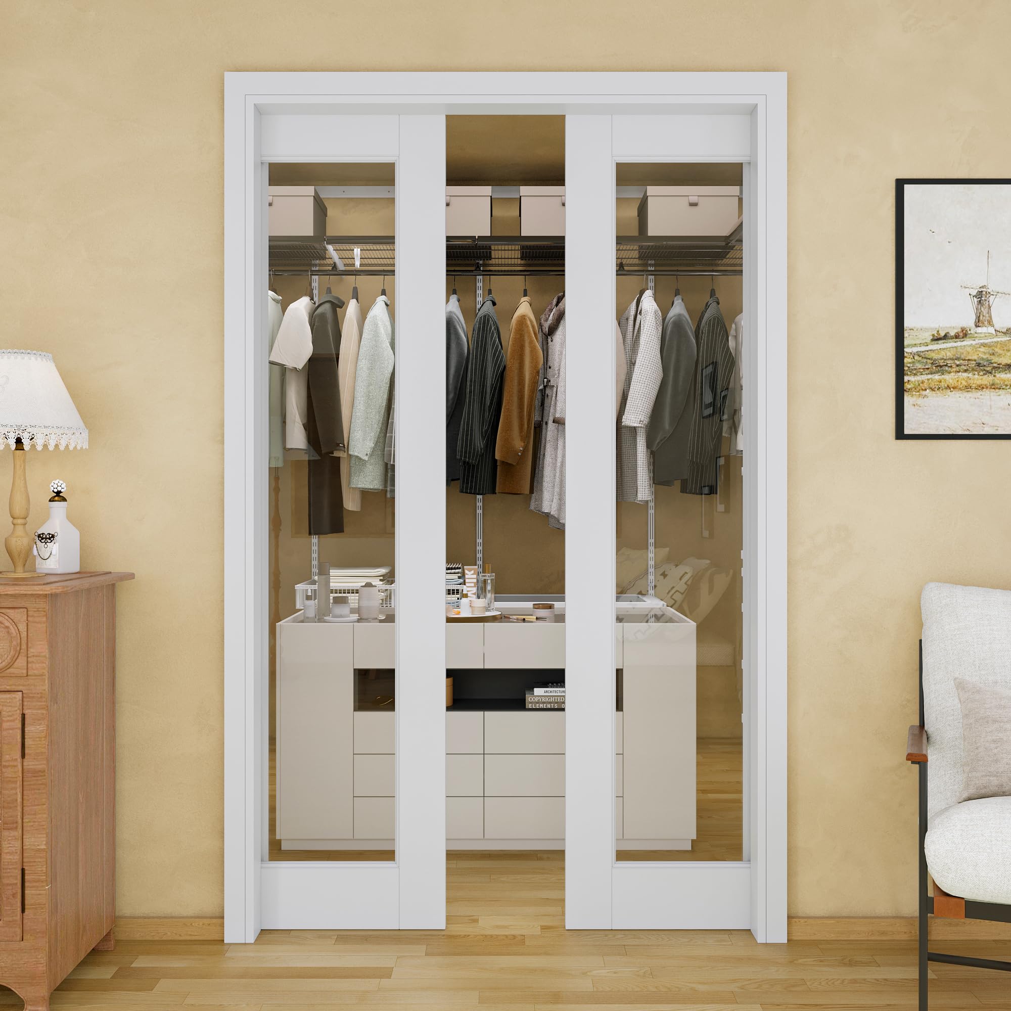 56x80 Double Glass Pocket Door,1-Lite Clear Glass Door,Sliding French Doors