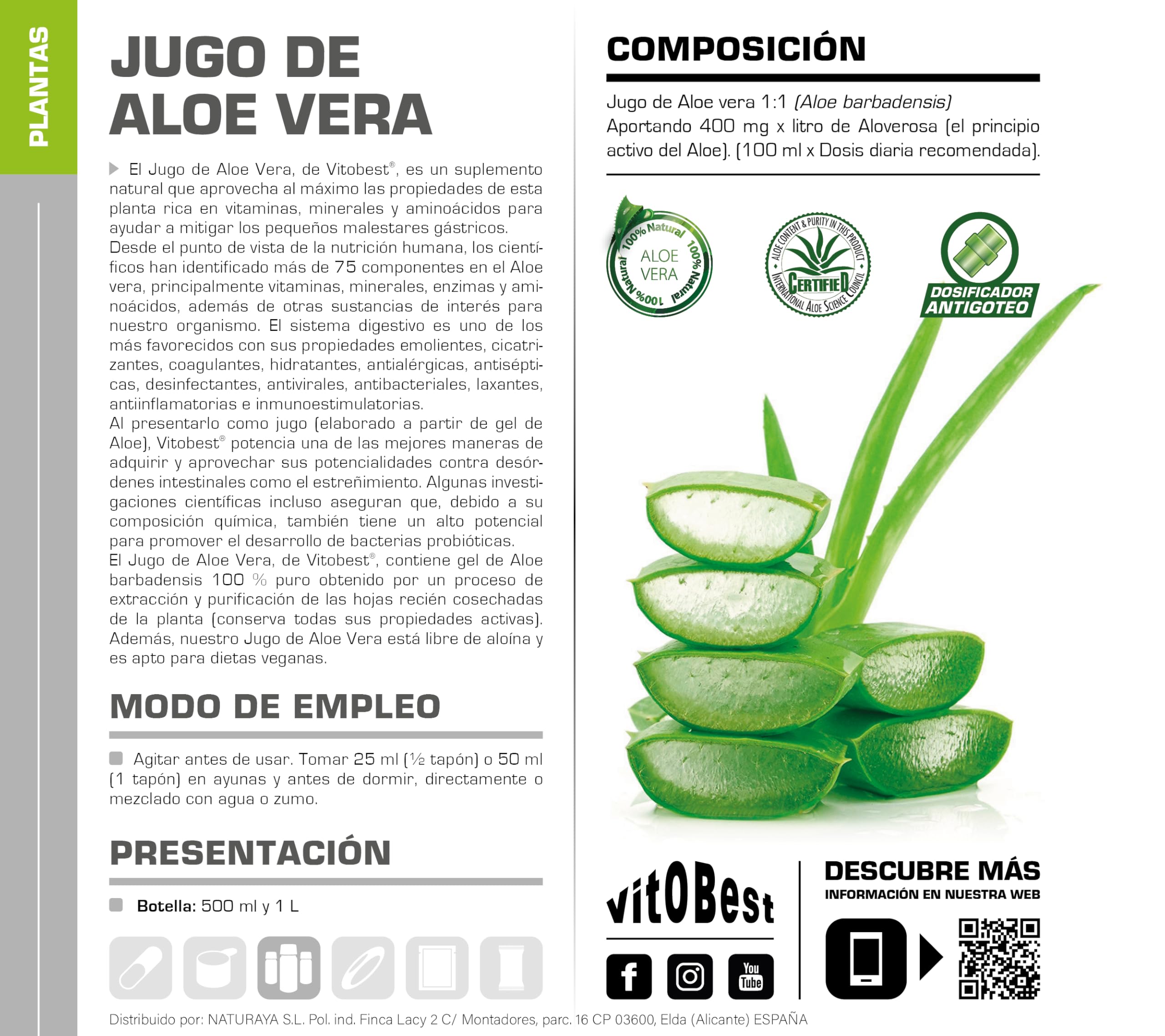 VITOBEST | Plantas Jugo de Aloe Vera | Ayuda a mitigar los pequeños malestares gástricos | Producto libre de aloína y apto para dietas veganas | 1 L