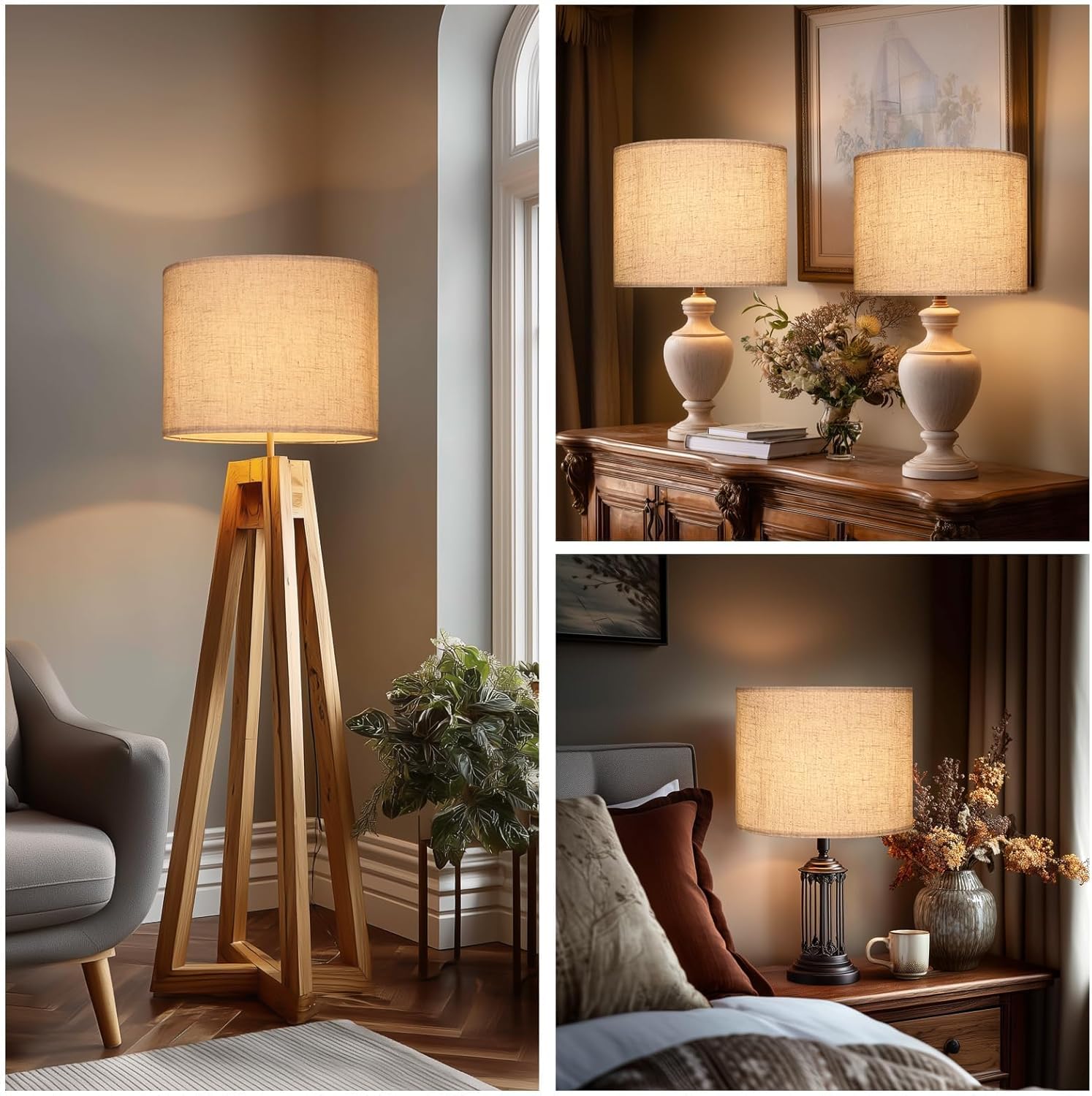 Large Brown Lamp Shades Set of 2, Natural Linen 16" Top X 16" Bottom X 12" Height Lampshade Fits for Home Bedroom Living Room Decor, Easy Assembly Required Lamp Shade Holder Included Spider Fitter