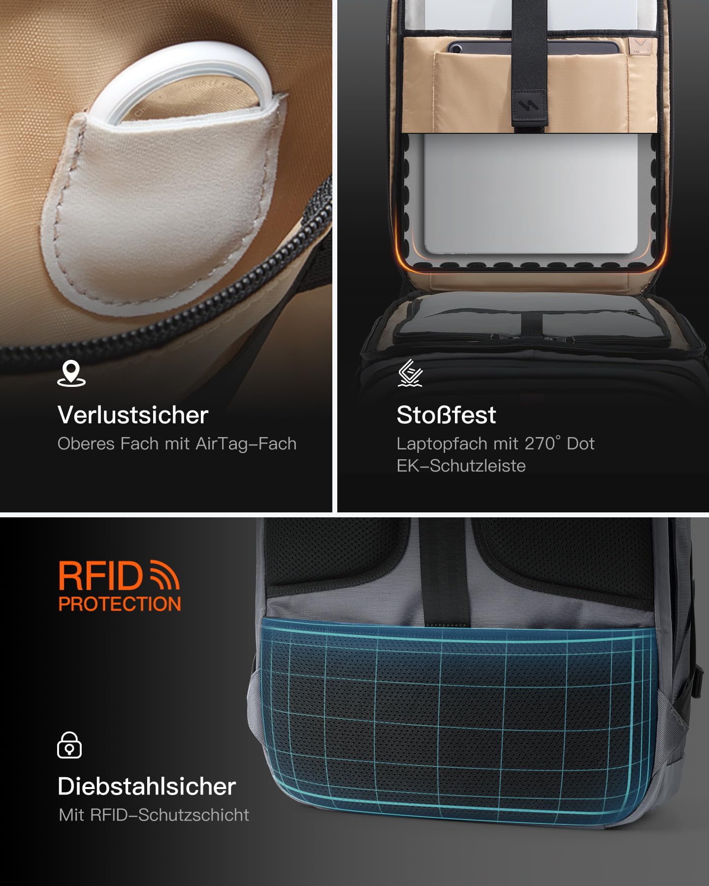 Inateck Groß Reiserucksack 40L, TSA Freundlich Handgepäck Rucksack,Grau | Spritzwassergeschützt Flugzeug Travel Carry on Laptop Backpack für 17 Zoll Laptop, für Business, Reise Weekender Trip