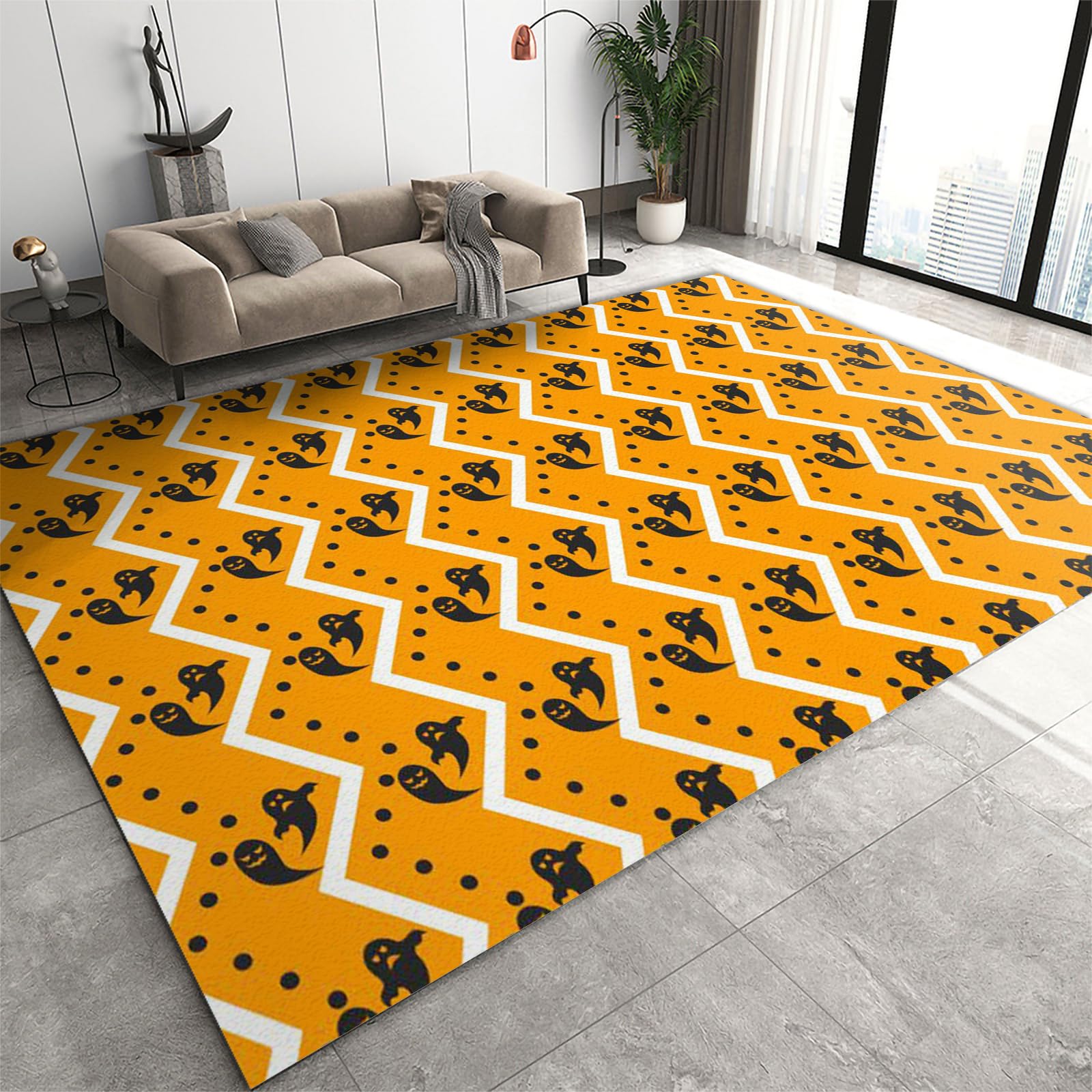 FIEMAR Area Rug 60 x 110 cm Black Cartoon Ghost Indoor Rugs, Halloween Orange Soft Carpet with Non-slip Backing for Living Room Dining Room Bedroom Bedside Laundry Room Entrance Farmhouse Apartments โ image 1