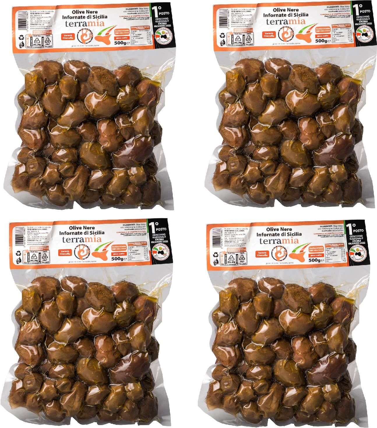 Terramia Olive Nere al Forno Siciliane Varietà "Giarraffa" – Prodotto Artigianale da Azienda Premiata Ercole Olivario e Monna Oliva, Formato Scorta 2kg (4 Buste x 500g)