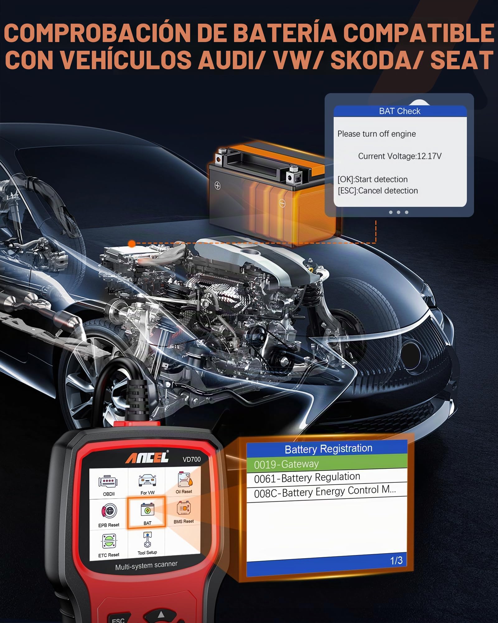 ANCEL OBD2 Diagnosis Coche de Todo Sistema para Vehículo VAG VW Audi Seat