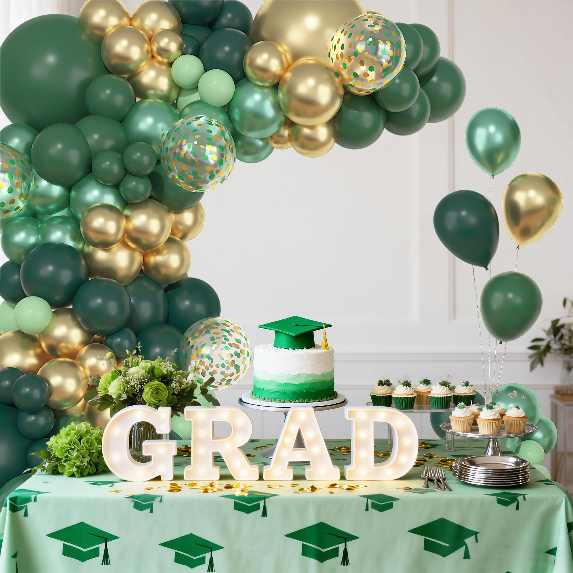 Ouddy Life 157-teiliges grün-goldenes Ballonbogen-Girlande-Set, dunkelgrün-metallisches Latex-Konfetti-Ballon, verschiedene Größen für Abschlussfeier, Klasse, College, Geburtstag, Jahrestag