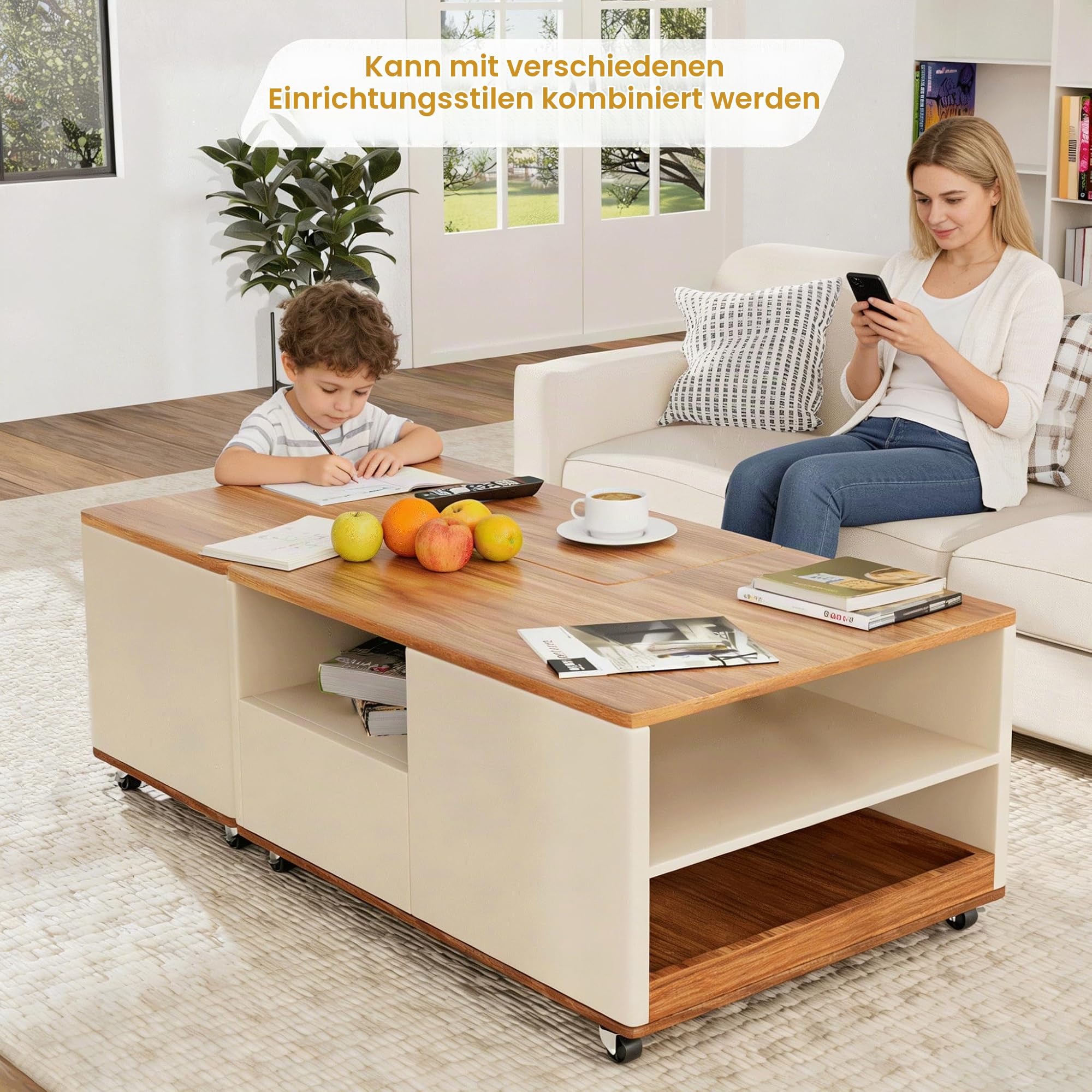 Modularer Couchtisch Holz mit 12 Rollen, Wohnzimmertisch 2er Set mit 2 Schubladen Stauraum & 2 Tabletts, Kaffeetisch Flexibler Kombinierbarer, Couchtische, Wohnzimmer Tisch für Couch (Braun)