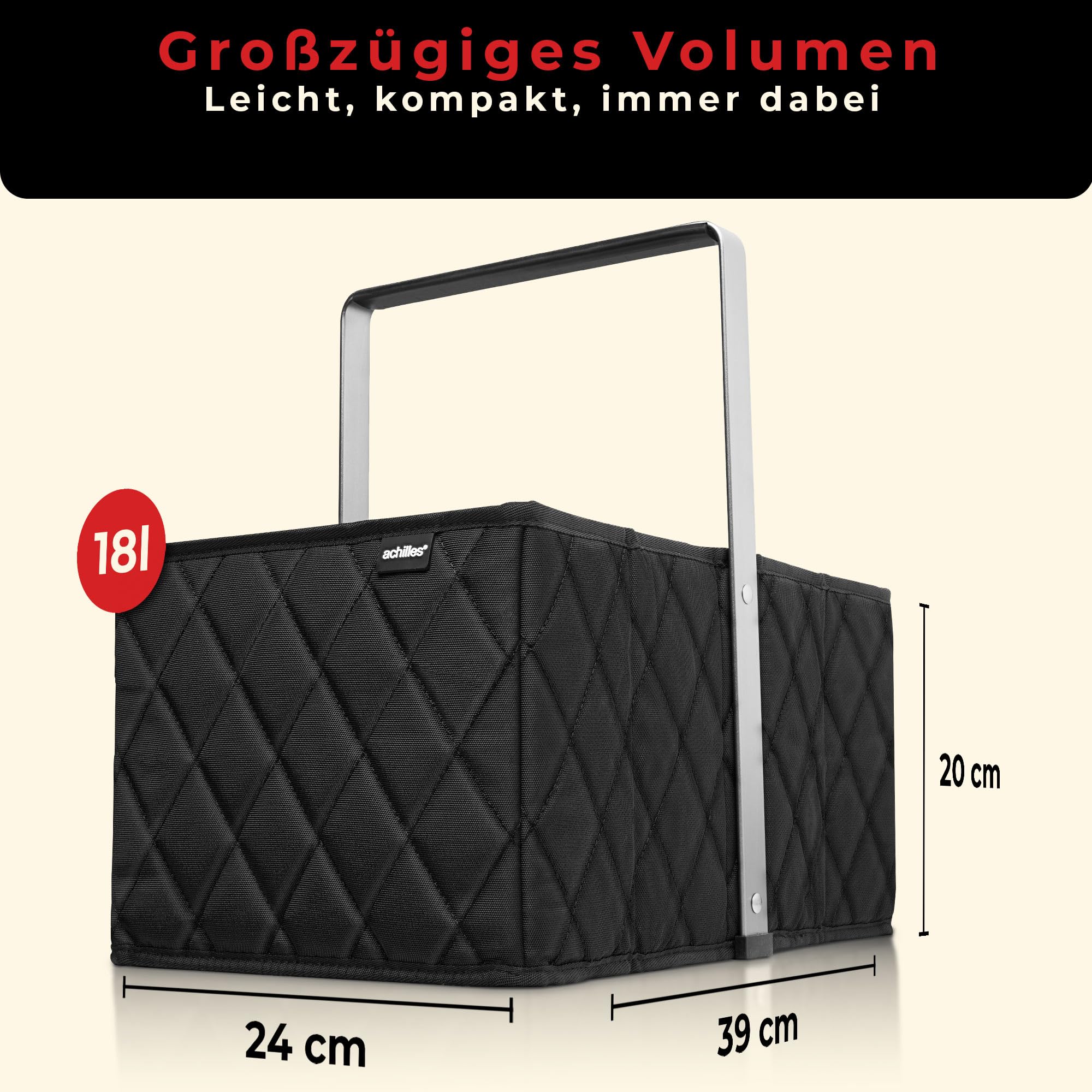 achilles Einkaufskorb Edge - praktischer Tragekorb zum Einkaufen - klappbare Einkaufsbox mit Alu-Griff - platzsparender Korb für den Auto Kofferraum - schwarz