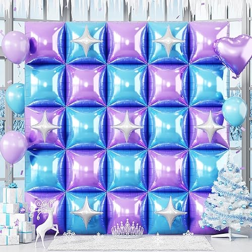 32PCS Blue and Purple Square Foil Balloons Wall with Star Foil Balloon, Double Sided Frozen Snowflake Light Purple Blue Balloon Backdrop Tunnel Arch Kit for Winter Birthdays Under the Sea Theme Decor