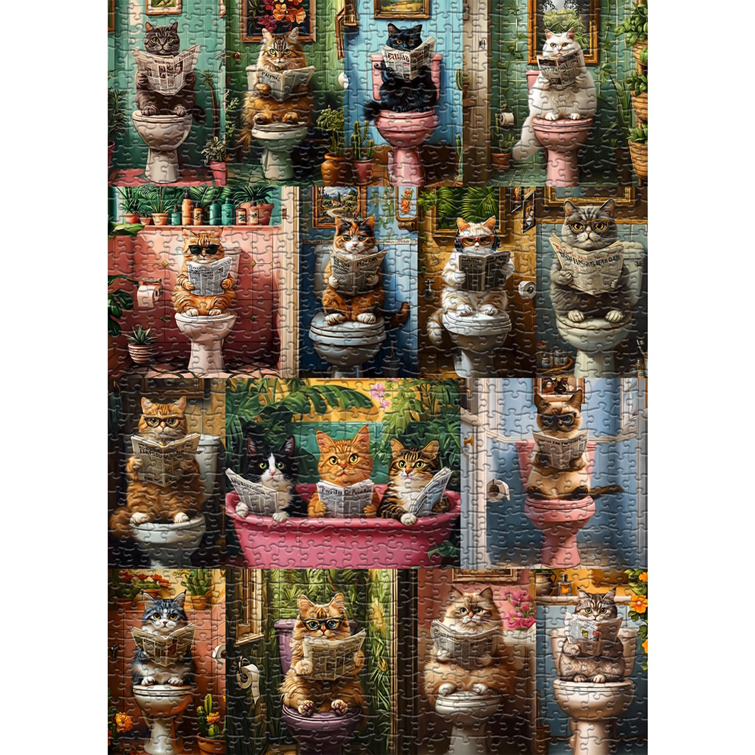 Pooping Cat Puzzles for Adults 1000 Pieces,Vintage Animal Kitty Puzzle Themed,Colorful Funny Book Kitten Jigsaw Puzzle Collage Challenge for Adults