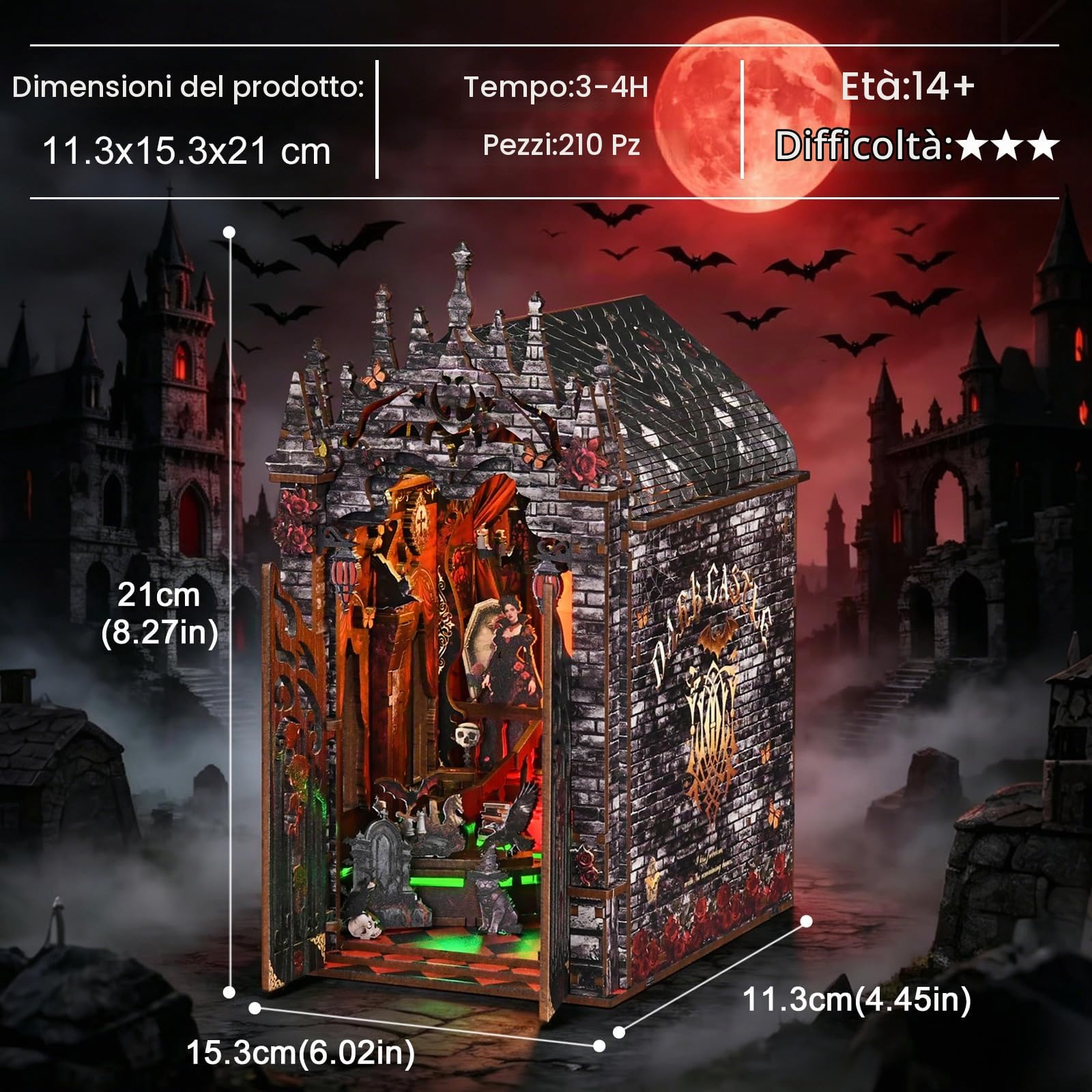 Book Nook Kit In stile gotico- Miniature del Dark Castle, puzzle in legno 3D fai da te con LED-Case delle Bambole, set fai da te per adulti, Idea Regalo Creativa, decorazione per libreria