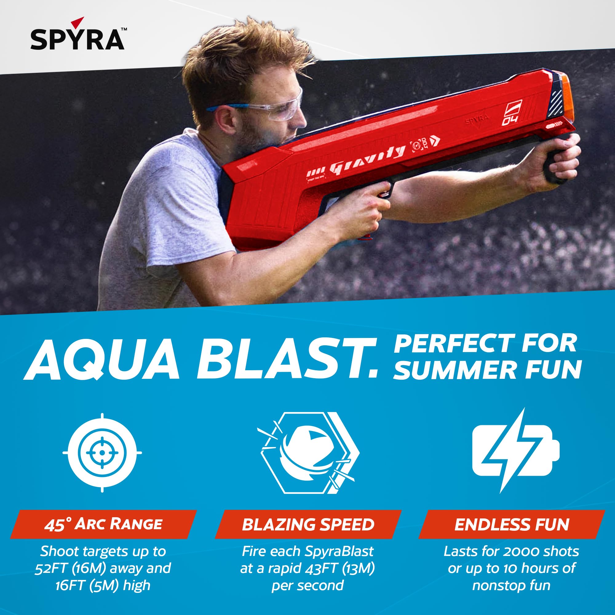 Spyra Gravity, potente lanciatore elettrico ad acqua, 4 bombe d'acqua riutilizzabili, indicatore a LED, distanza di 16 m, giocattolo per piscina estiva