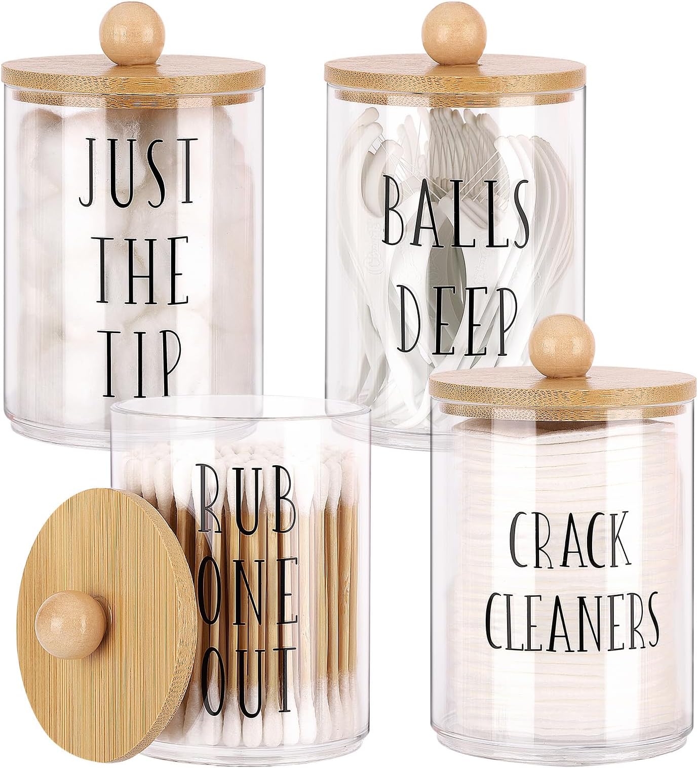 Tbestmax 4 Pack Qtip Holder with Bamboo Lids, 10 oz Bathroom Organizer Accessories Storage Containers Clear Plastic Apothecary Jars for Cotton Ball, Cotton Swab, Floss