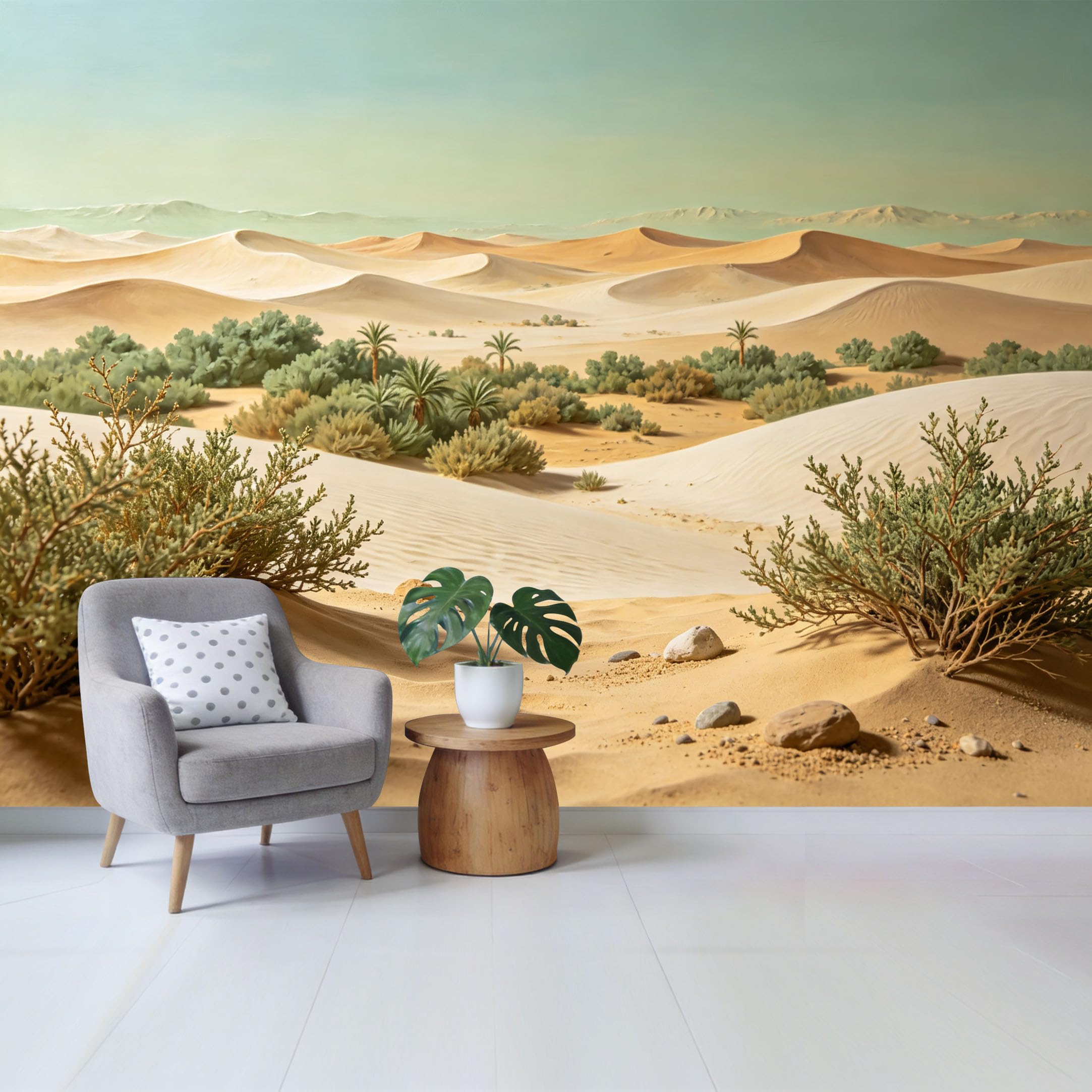Qzlithotic Yq2605250729 Custom Size Wall Mural Desert Oasis Landscape Oil Painting Style Sand Dunes Palm Trees Selfadhesive Wall Fabric Removable Wallpaper For Home Office Decor