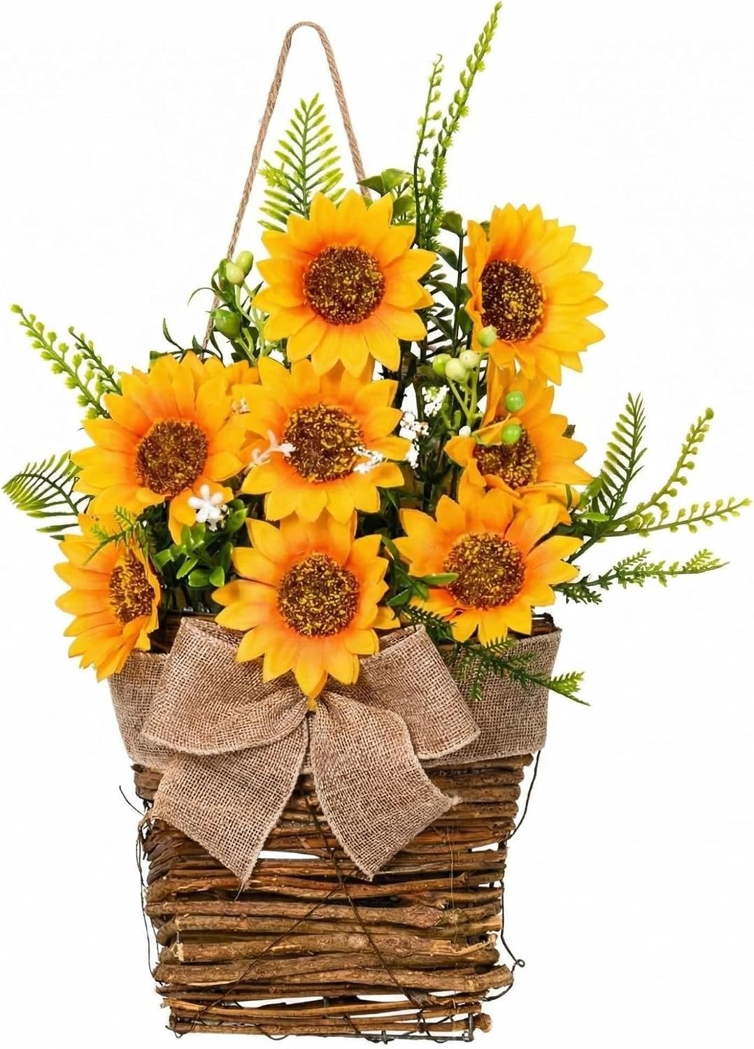 1pcs Sunflower Wall Hanging Basket – 17.3x5.5x3.5 Inch Woven Rattan Planter with Burlap Bow, Faux Sunflower Floral Arrangement for Door, Entryway, Living Room