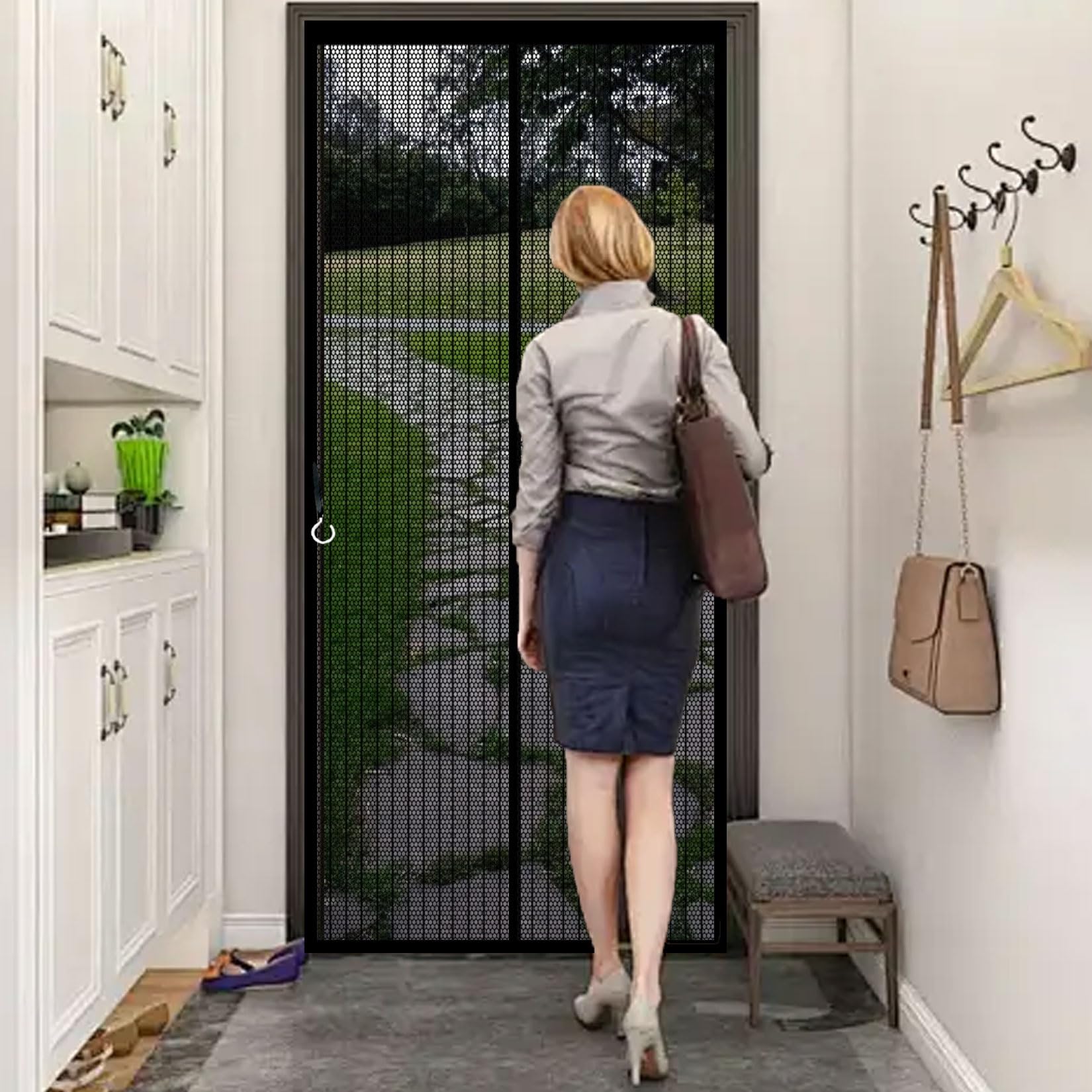 Magnetic Fly Screen Door 116 x 135 cm with Magnets, Magic Tapes, Polyester Magnetic Door Curtain No Drill Installation, Keep Bugs Out for Keeping Out Flies, White