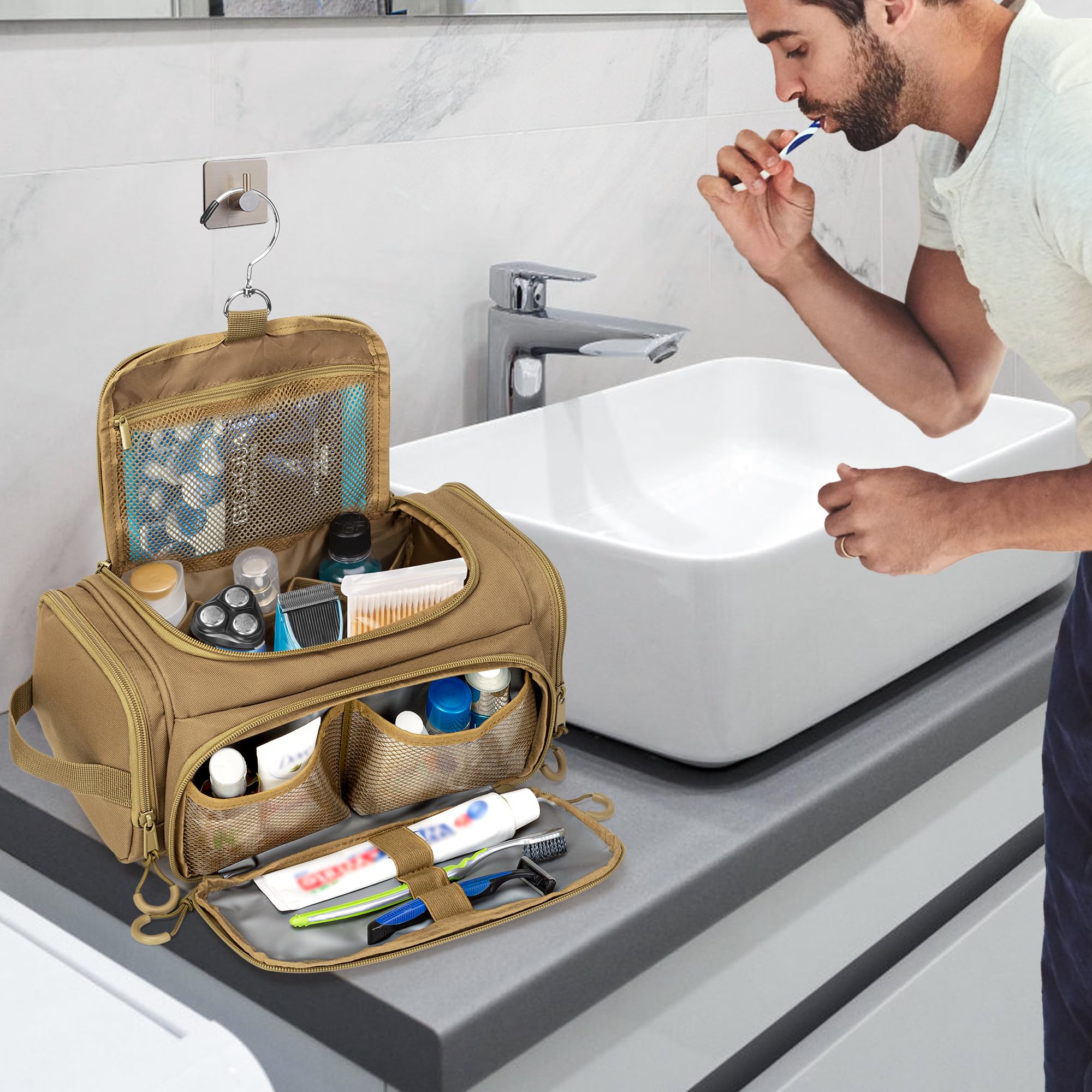 Trousse tattica da uomo, borsa igienica da appendere, organizer da viaggio per rasatura, accessori per la doccia e articoli da toeletta (borsa vuota), Cachi