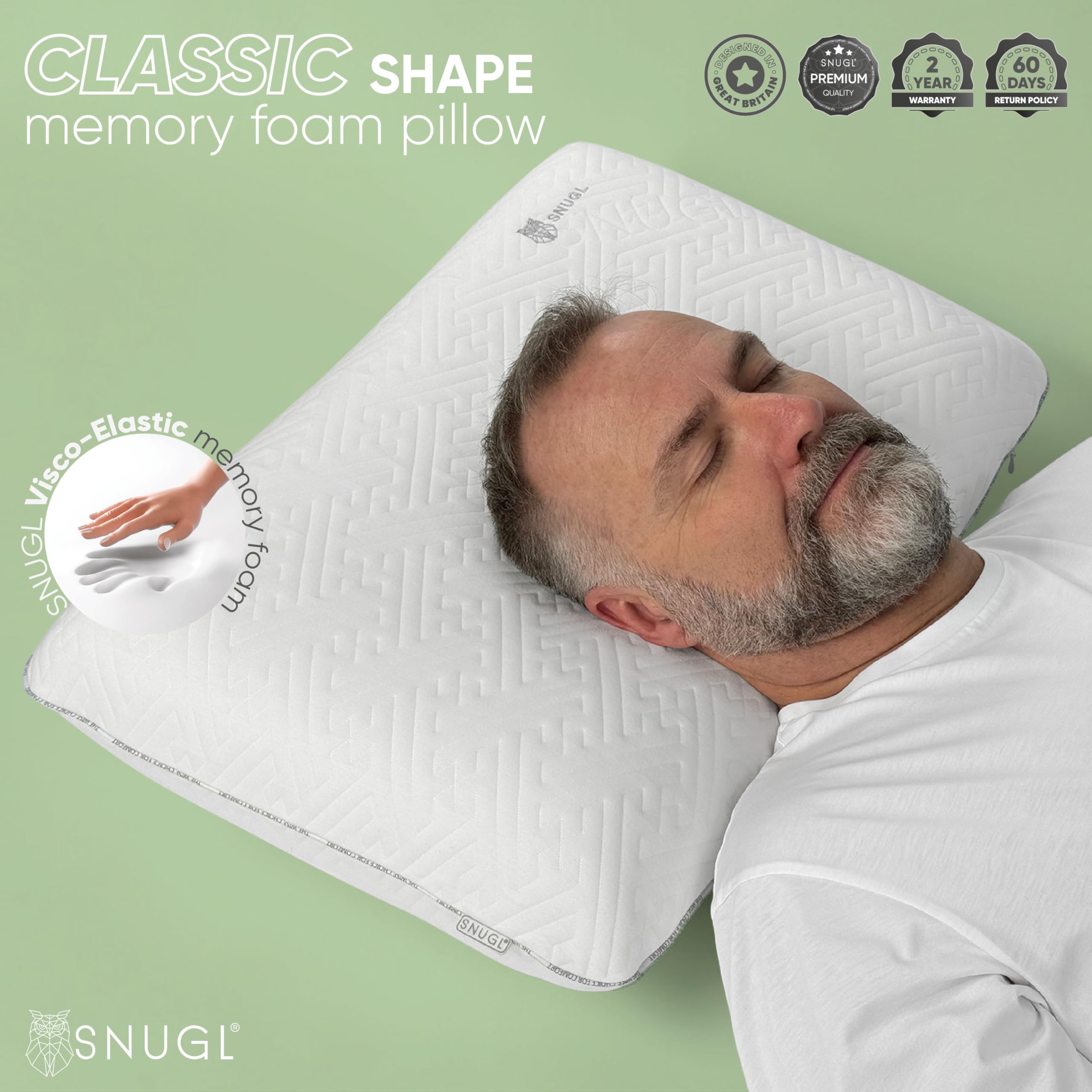 SNUGL Cuscino Classico in Memory Foam – Cuscino Ortopedico per Dolori Cervicali, al Collo e alle Spalle – Supporto Ergonomico per Dormire su un Fianco o sulla Schiena – Cuscino Letto Ipoallergenico