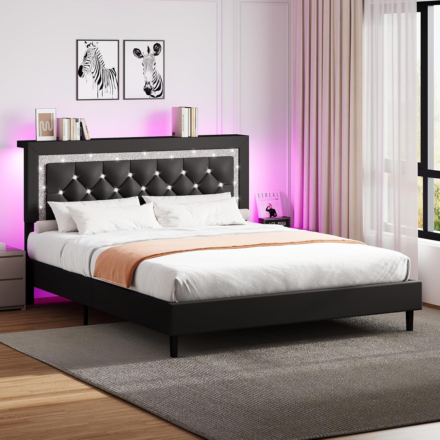 BarnFurin Queen Bed Frame with Storage Headboard, Bed Frame Queen Size with Diamond Tufted Headboard and LED Lights, Wooden Slats Support, Noise Free, No Box Spring Needed, Easy Assembly, Black