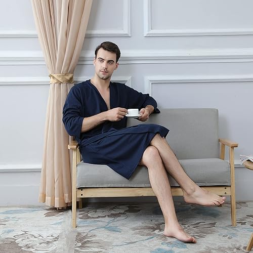 Miniatura 5 de Bata de baño tipo kimono ligera hasta la rodilla para hombre, bata de ducha para spa